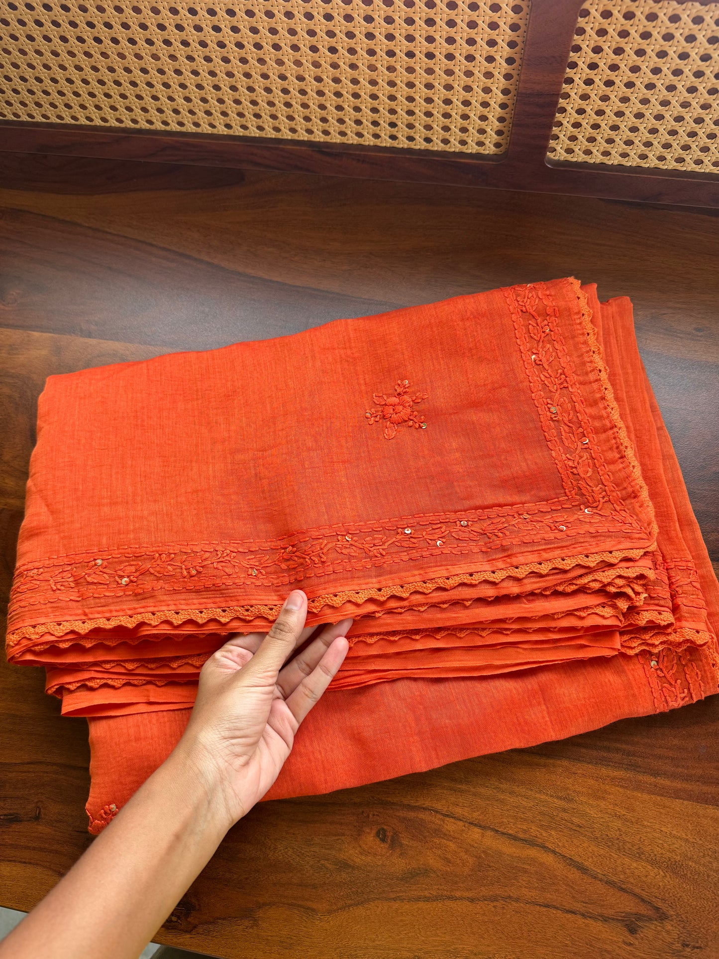 Pure Mul Chanderi Chikankari Saree - Orange