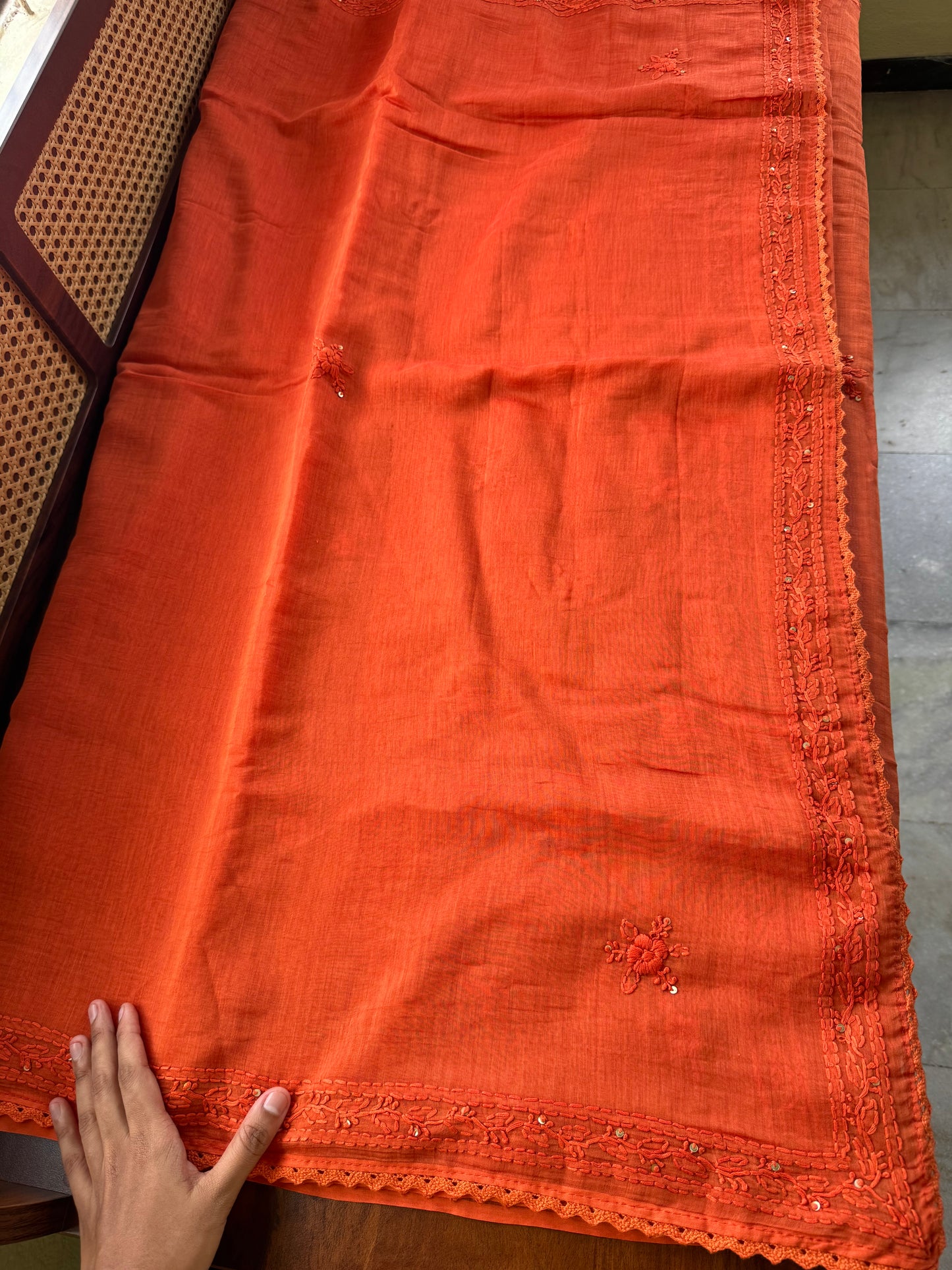 Pure Mul Chanderi Chikankari Saree - Orange