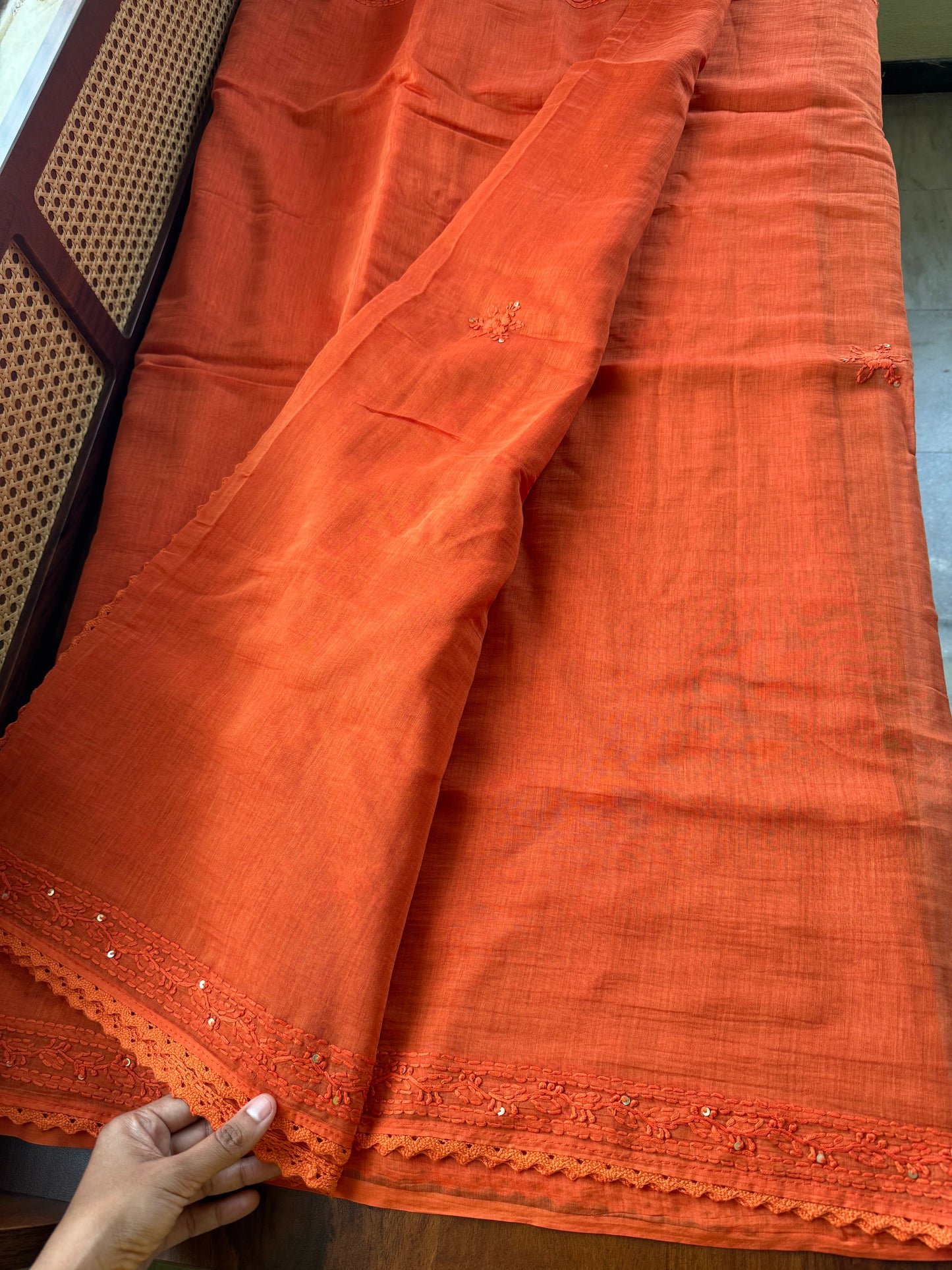 Pure Mul Chanderi Chikankari Saree - Orange