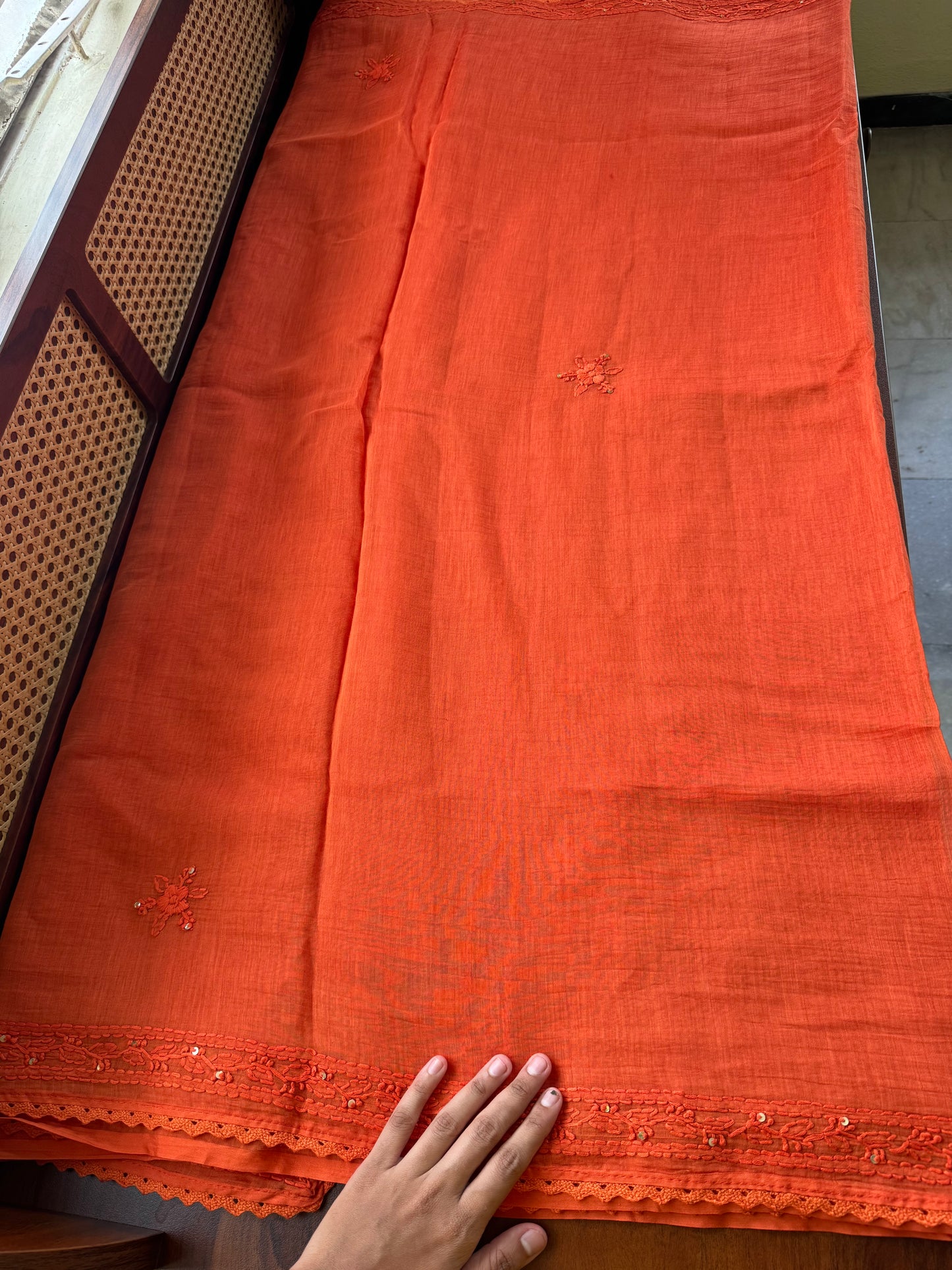 Pure Mul Chanderi Chikankari Saree - Orange