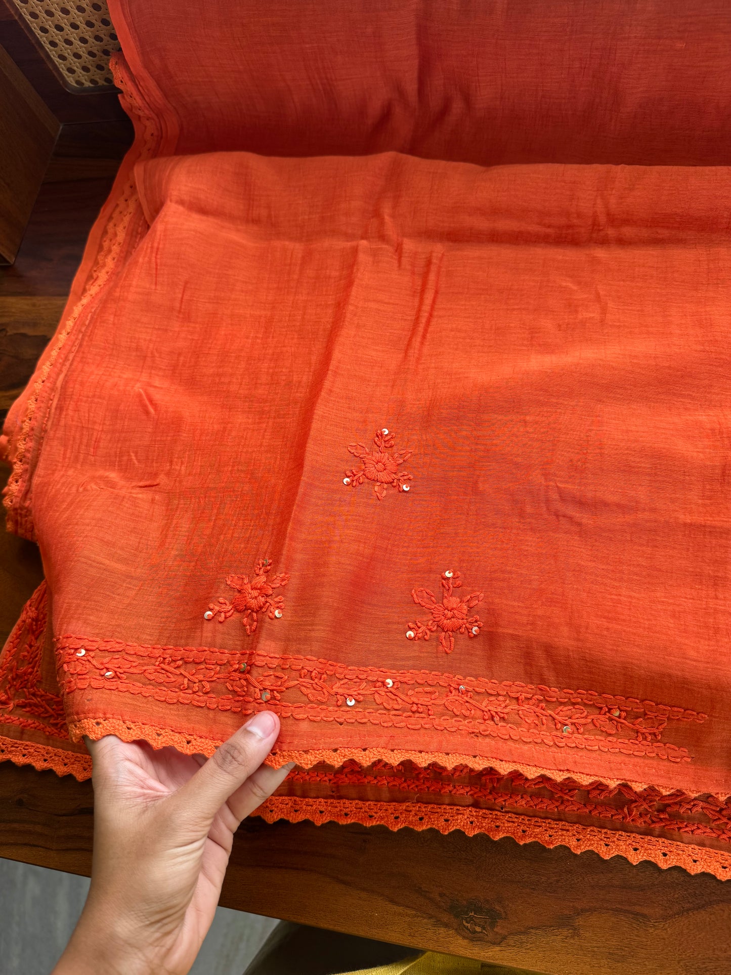 Pure Mul Chanderi Chikankari Saree - Orange