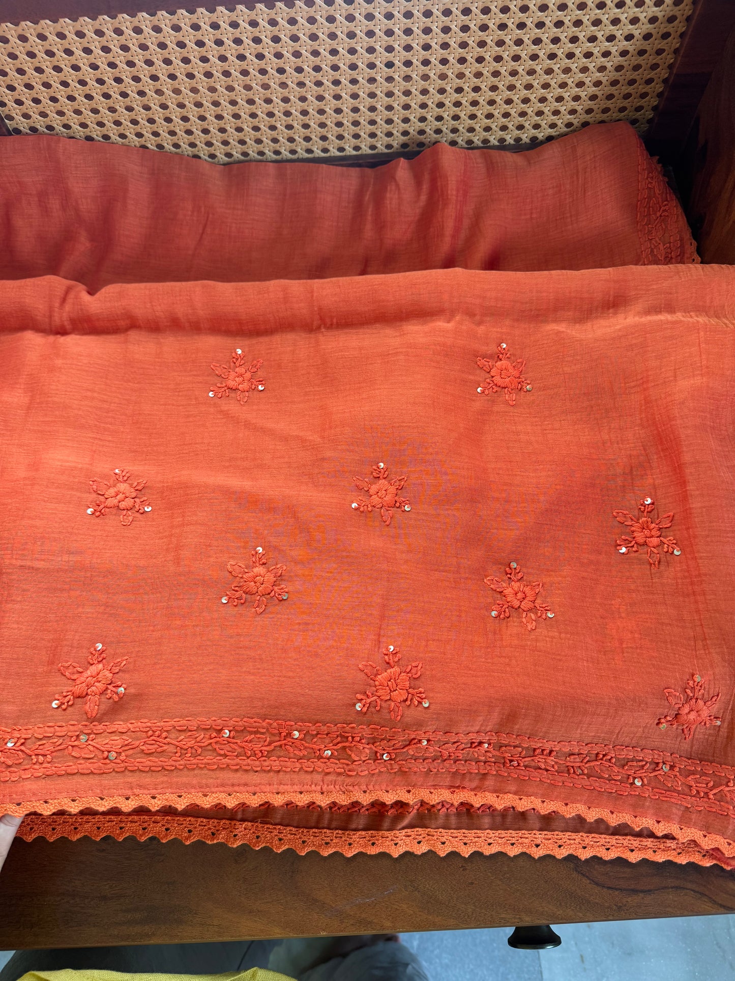 Pure Mul Chanderi Chikankari Saree - Orange