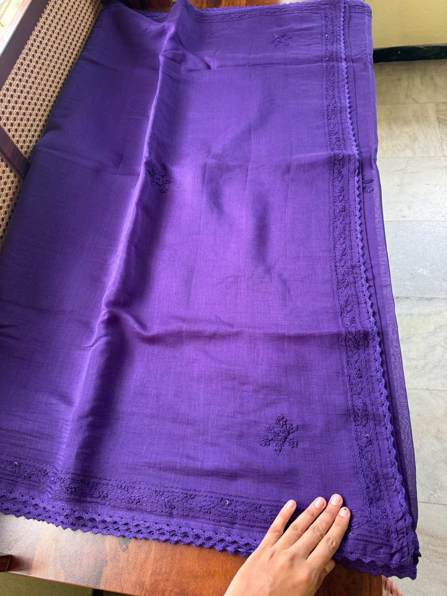 Pure Mul Chanderi Chikankari Saree - Violet