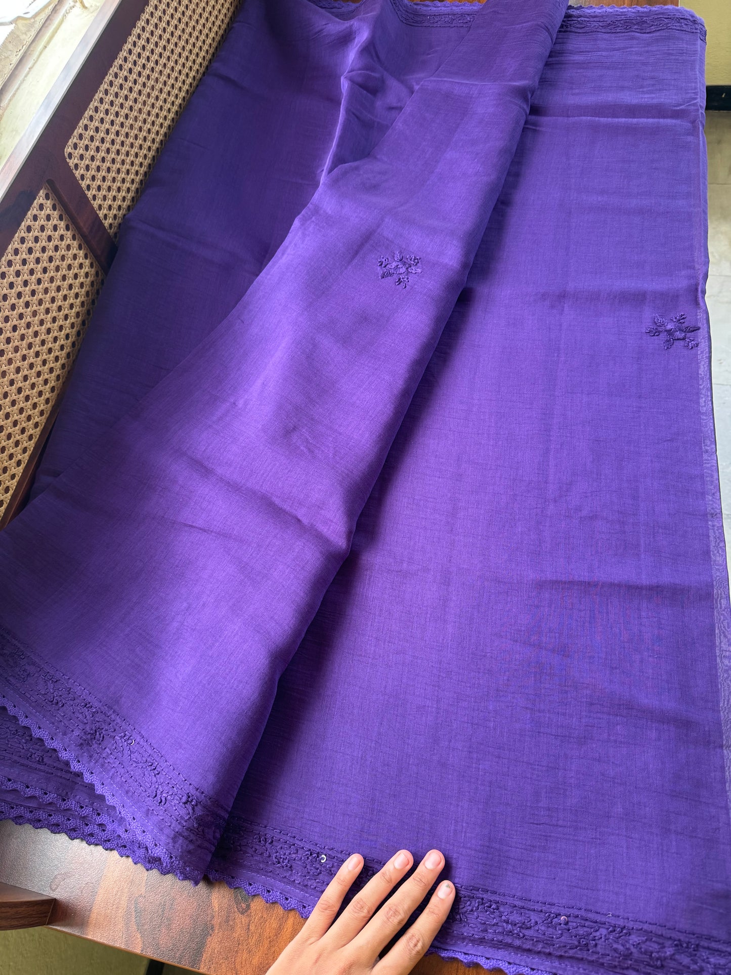 Pure Mul Chanderi Chikankari Saree - Violet