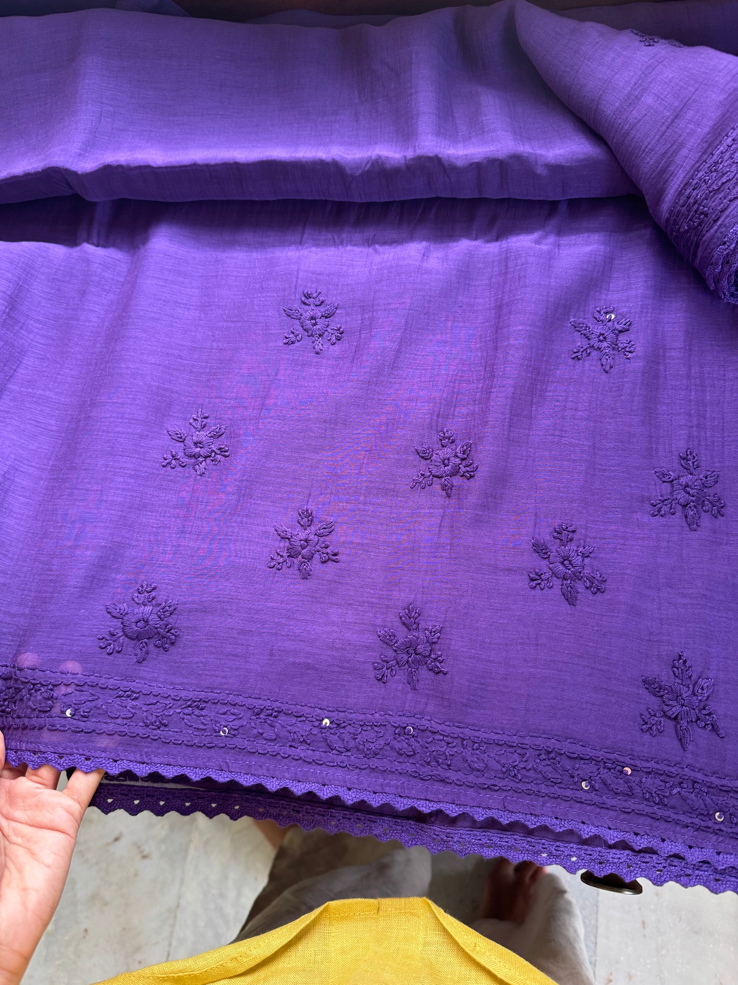 Pure Mul Chanderi Chikankari Saree - Violet