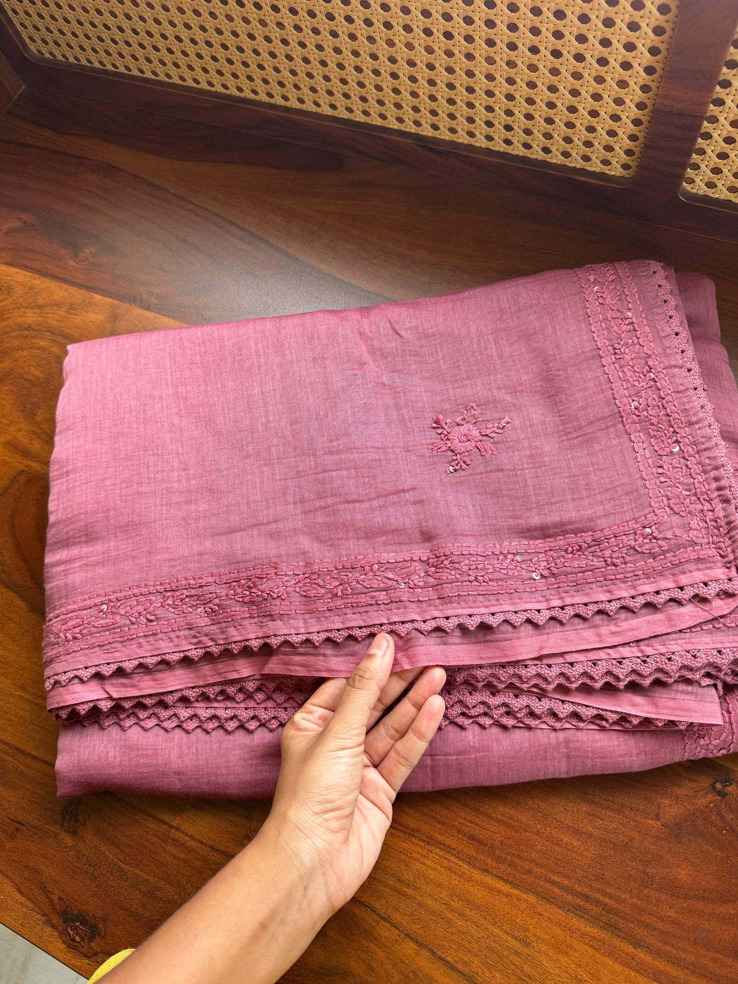 Pure Mul Chanderi Chikankari Saree - Mauve Pink