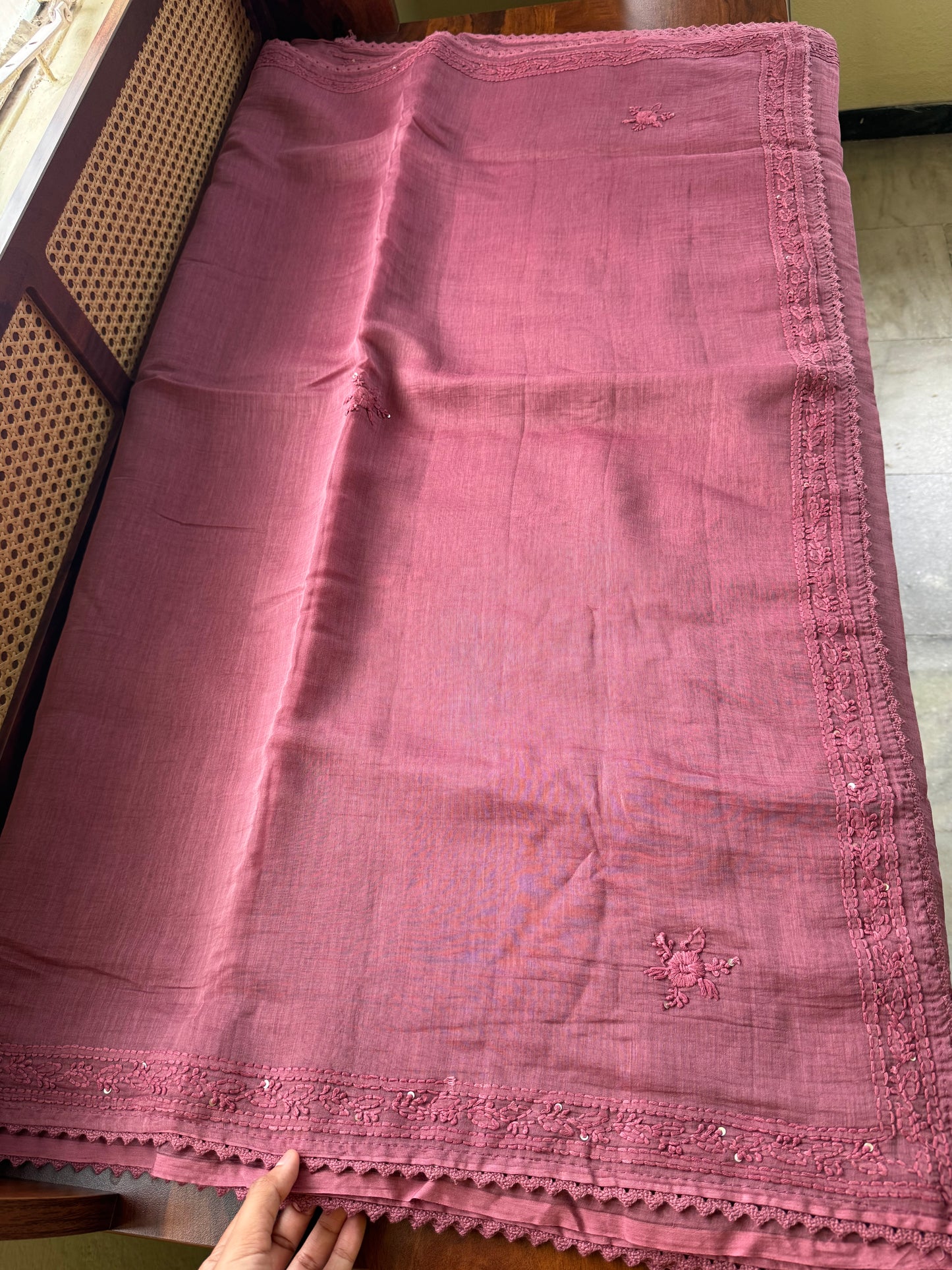 Pure Mul Chanderi Chikankari Saree - Mauve Pink