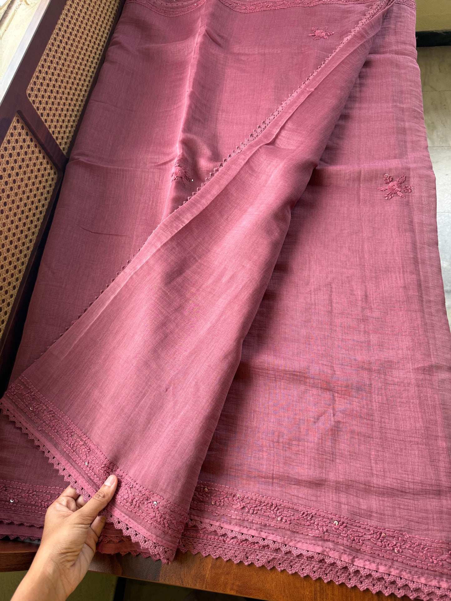 Pure Mul Chanderi Chikankari Saree - Mauve Pink