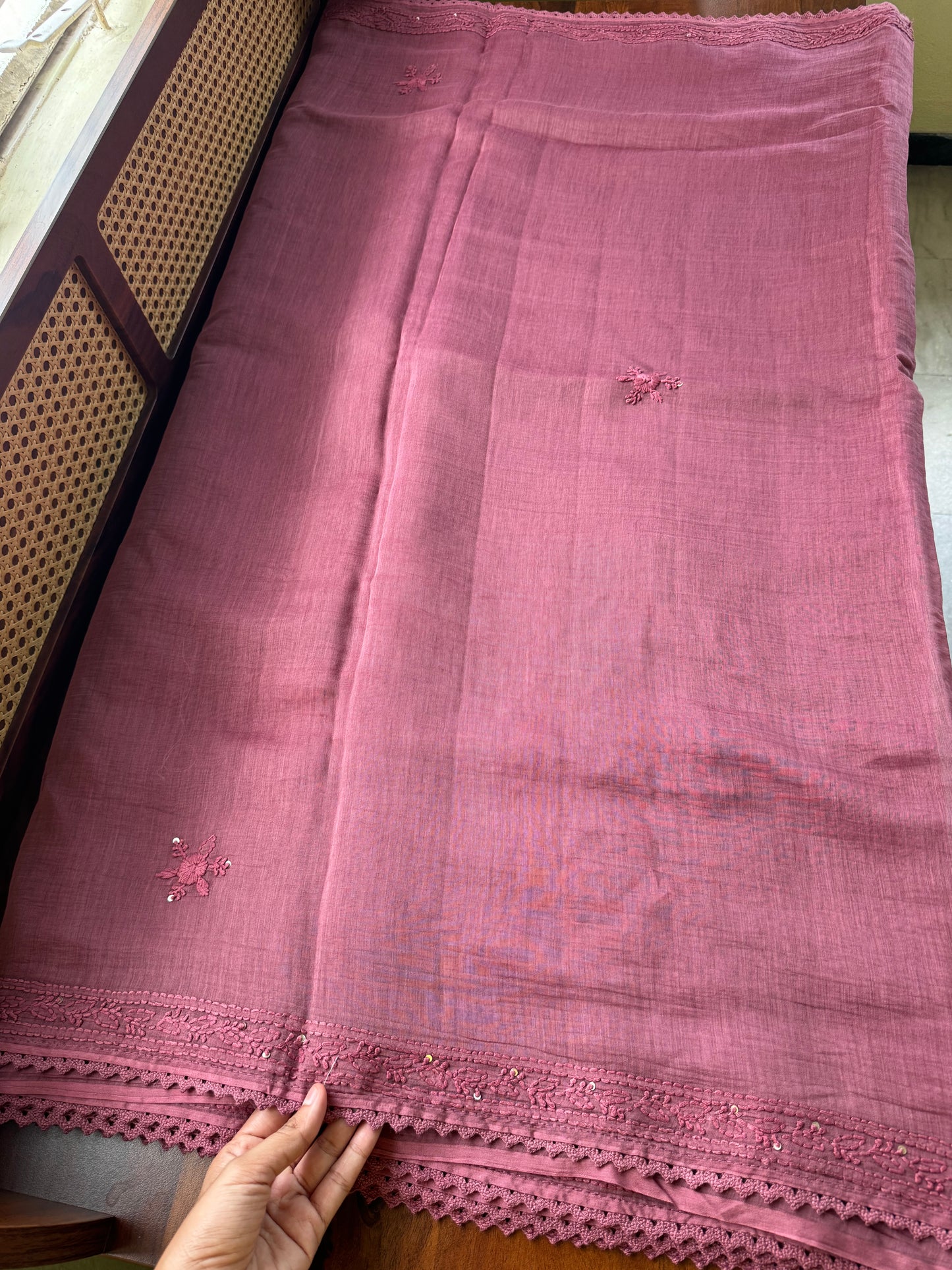 Pure Mul Chanderi Chikankari Saree - Mauve Pink
