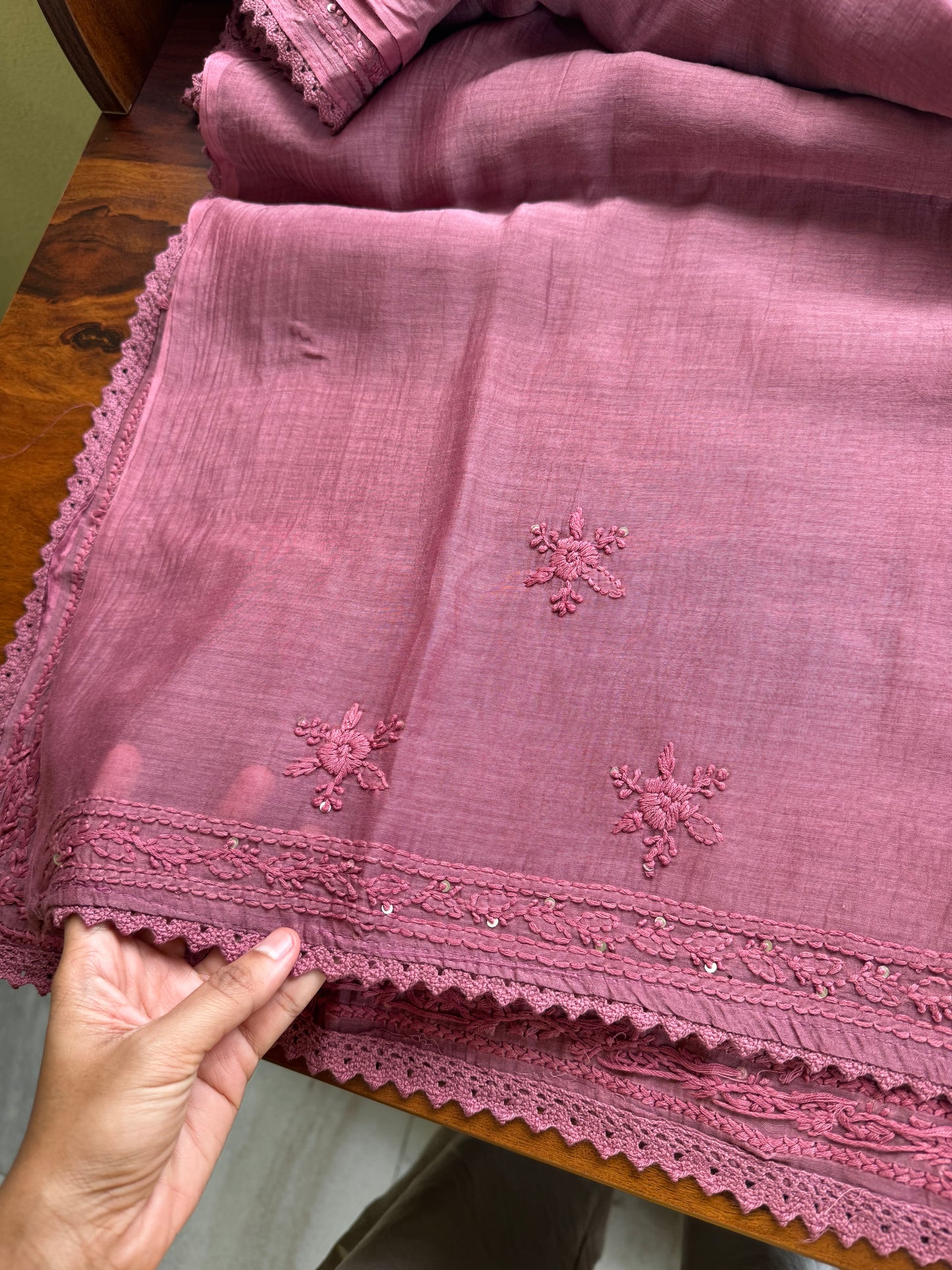 Pure Mul Chanderi Chikankari Saree - Mauve Pink