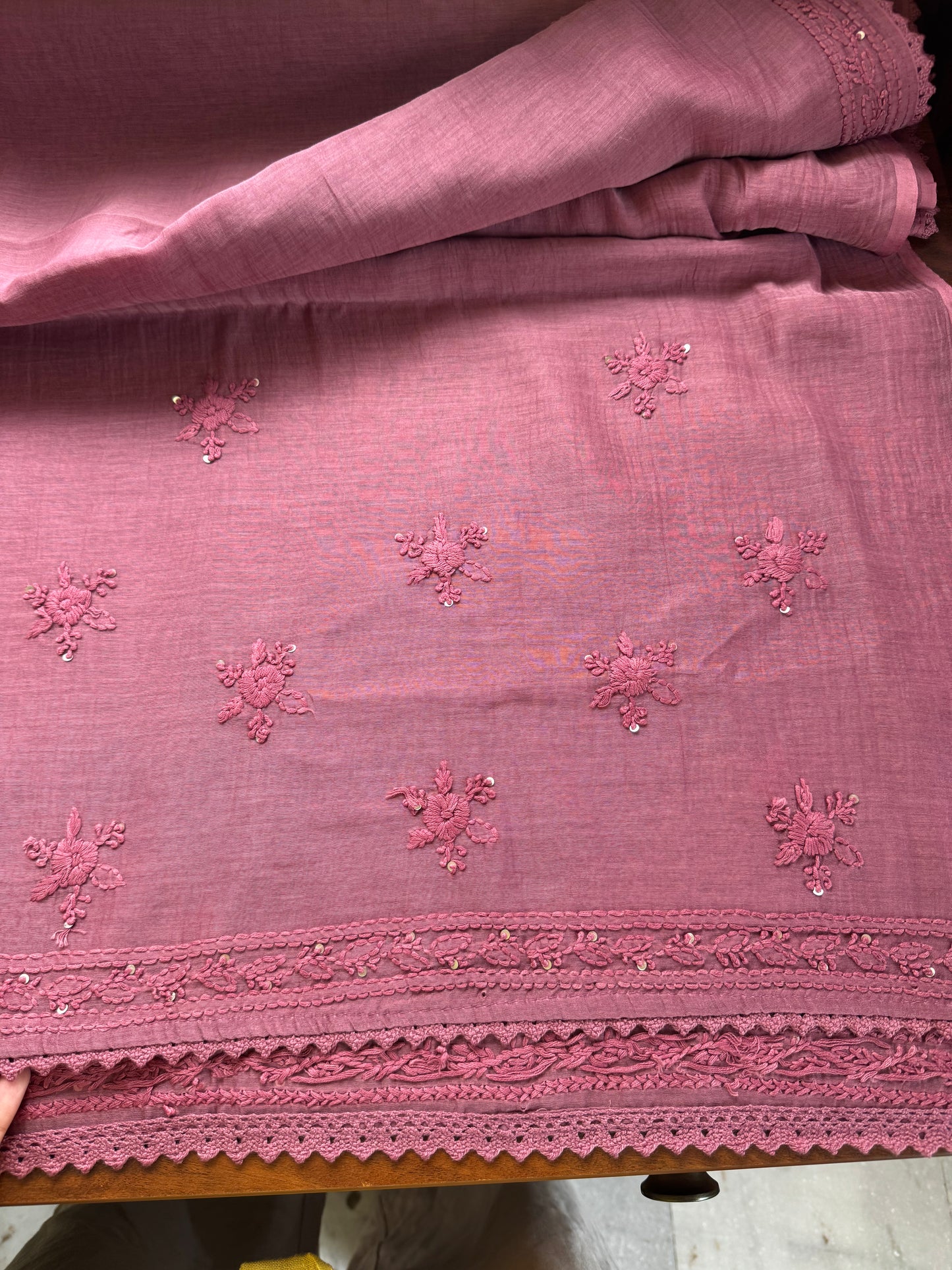Pure Mul Chanderi Chikankari Saree - Mauve Pink