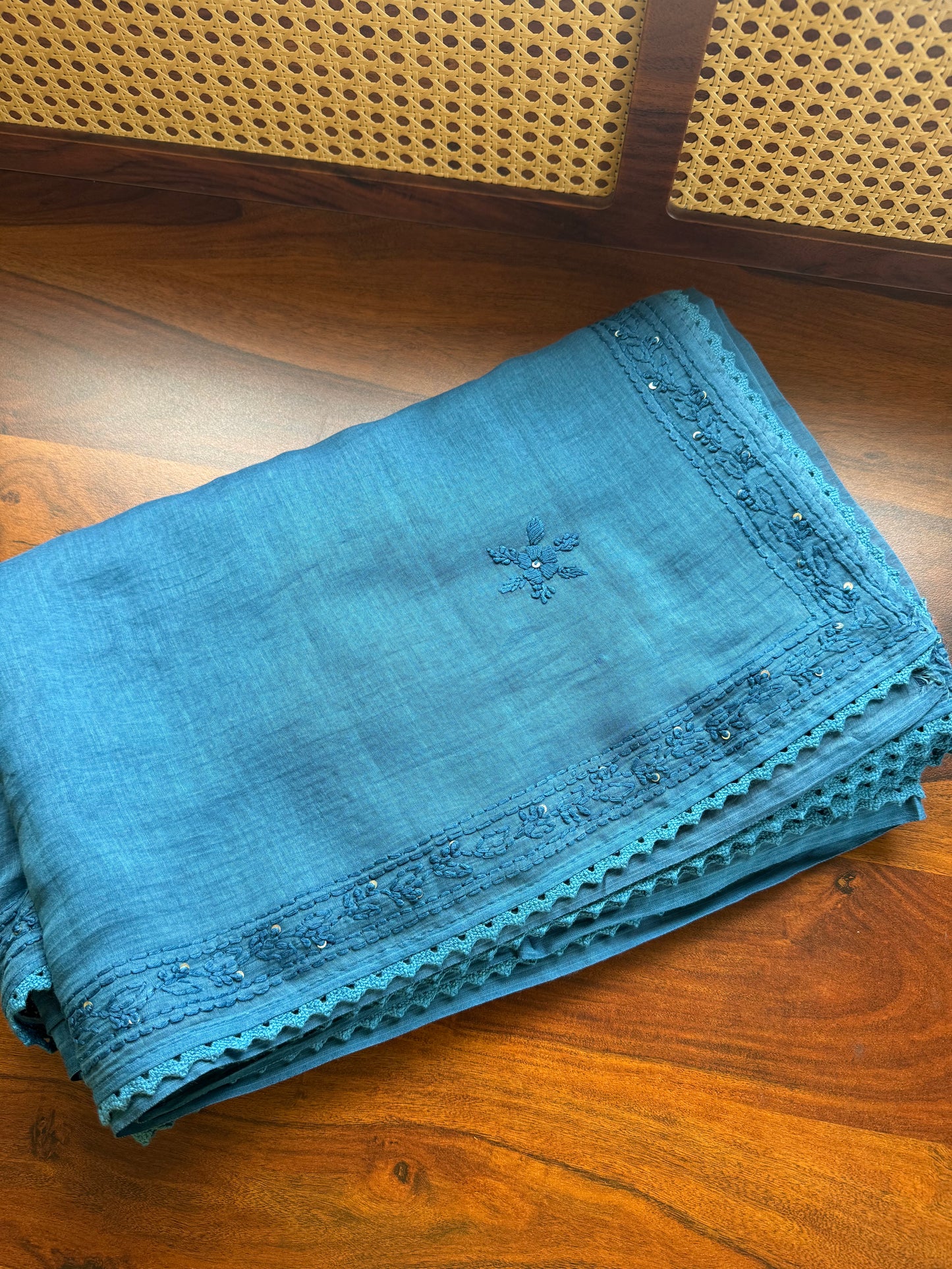 Pure Mul Chanderi Chikankari Saree - Blue