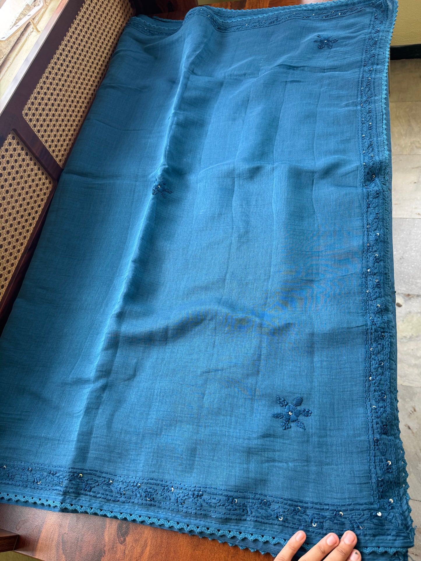 Pure Mul Chanderi Chikankari Saree - Blue