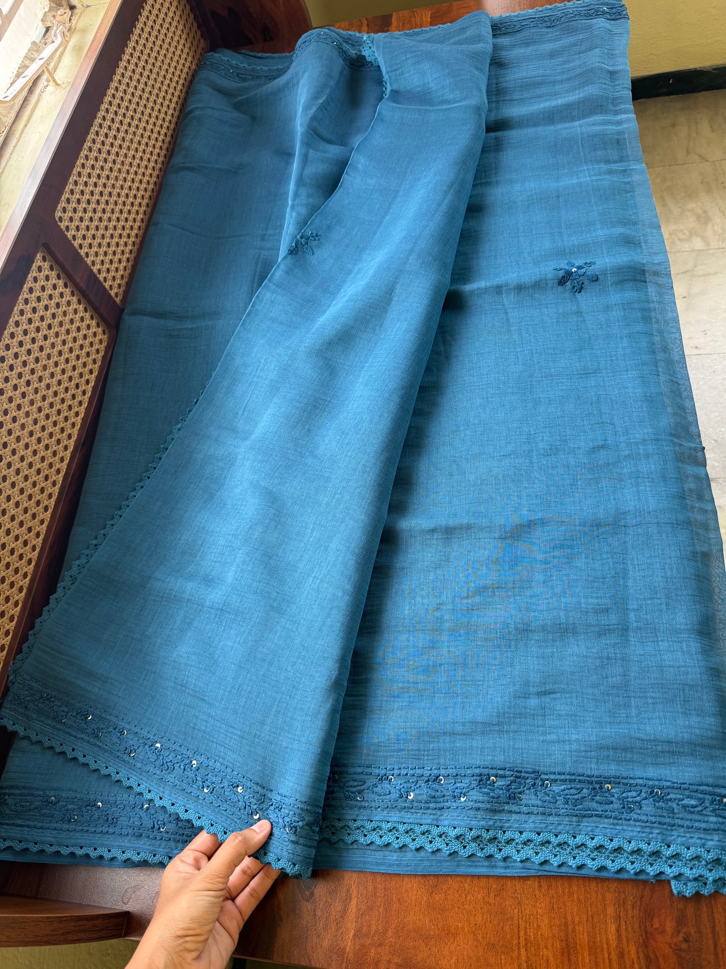 Pure Mul Chanderi Chikankari Saree - Blue