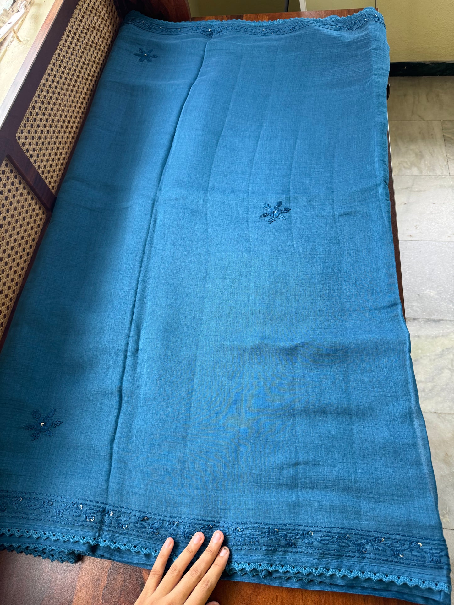 Pure Mul Chanderi Chikankari Saree - Blue