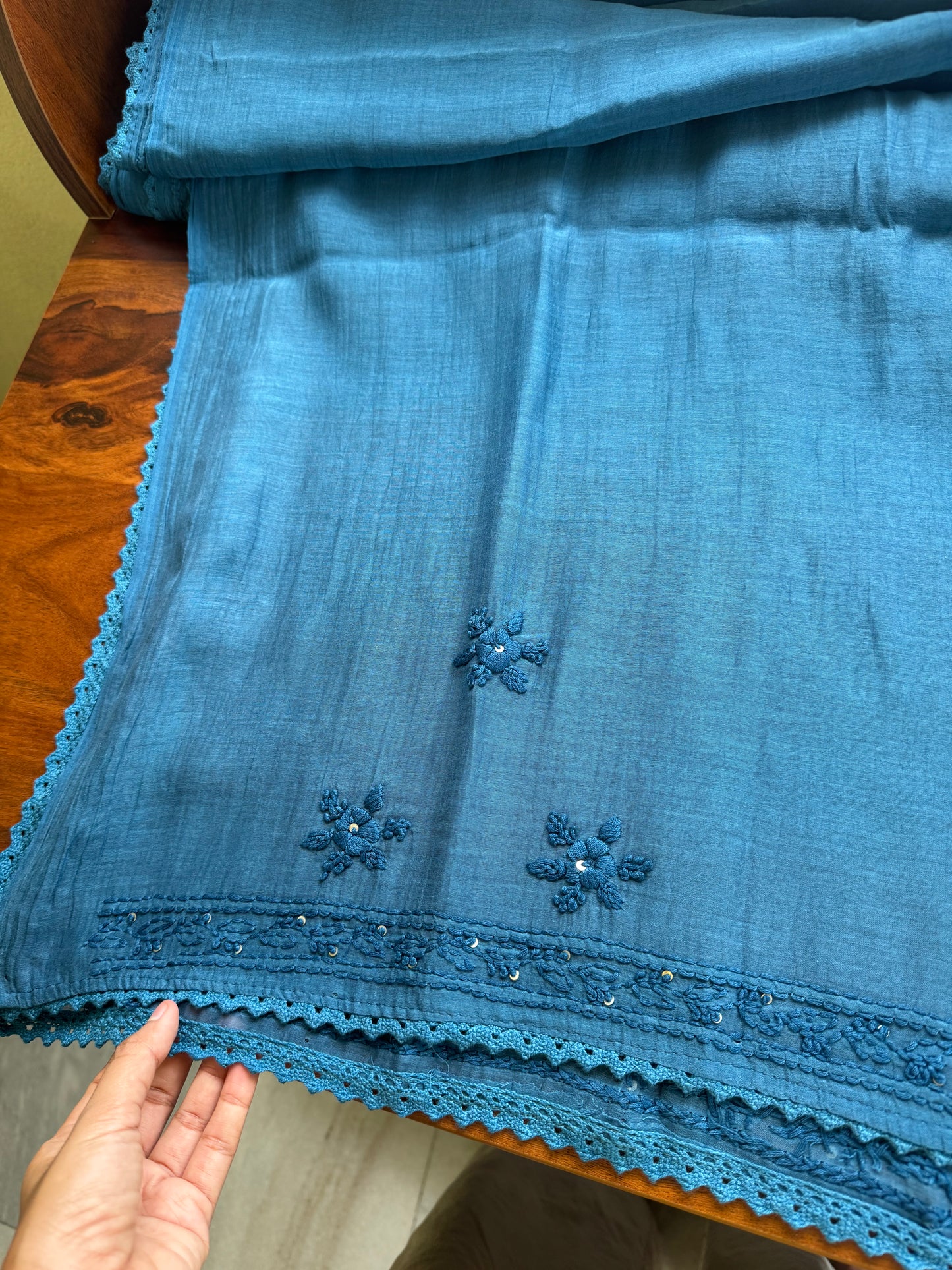 Pure Mul Chanderi Chikankari Saree - Blue