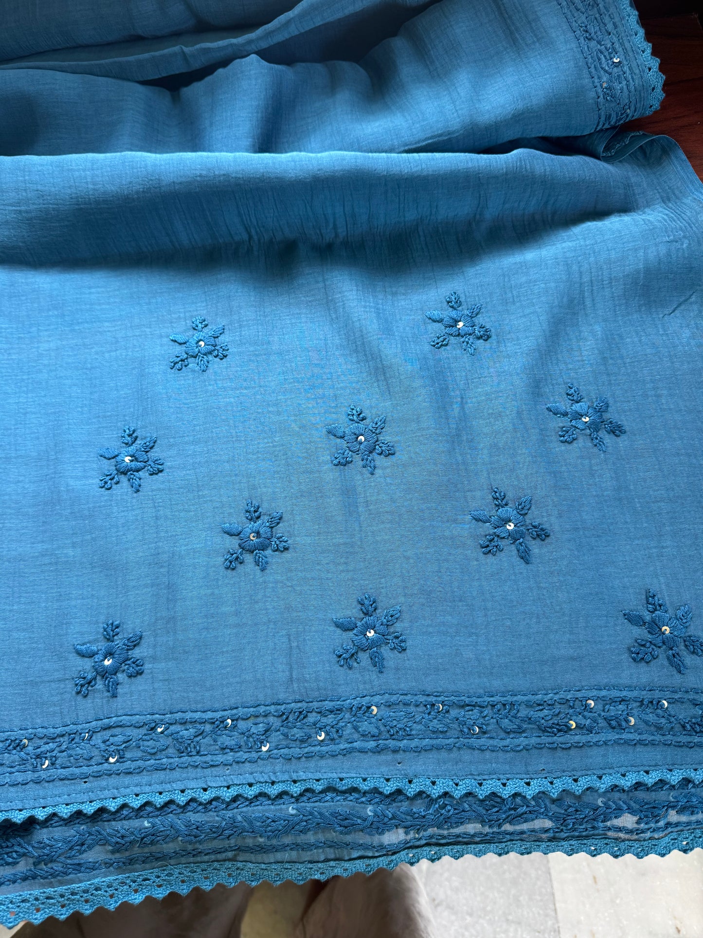 Pure Mul Chanderi Chikankari Saree - Blue