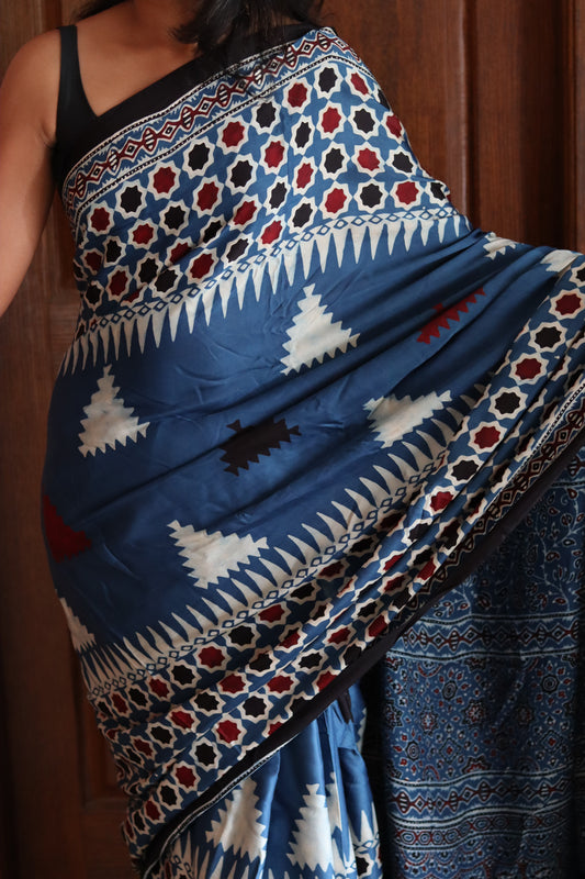 Ajrakh Modal Silk Saree - Blue