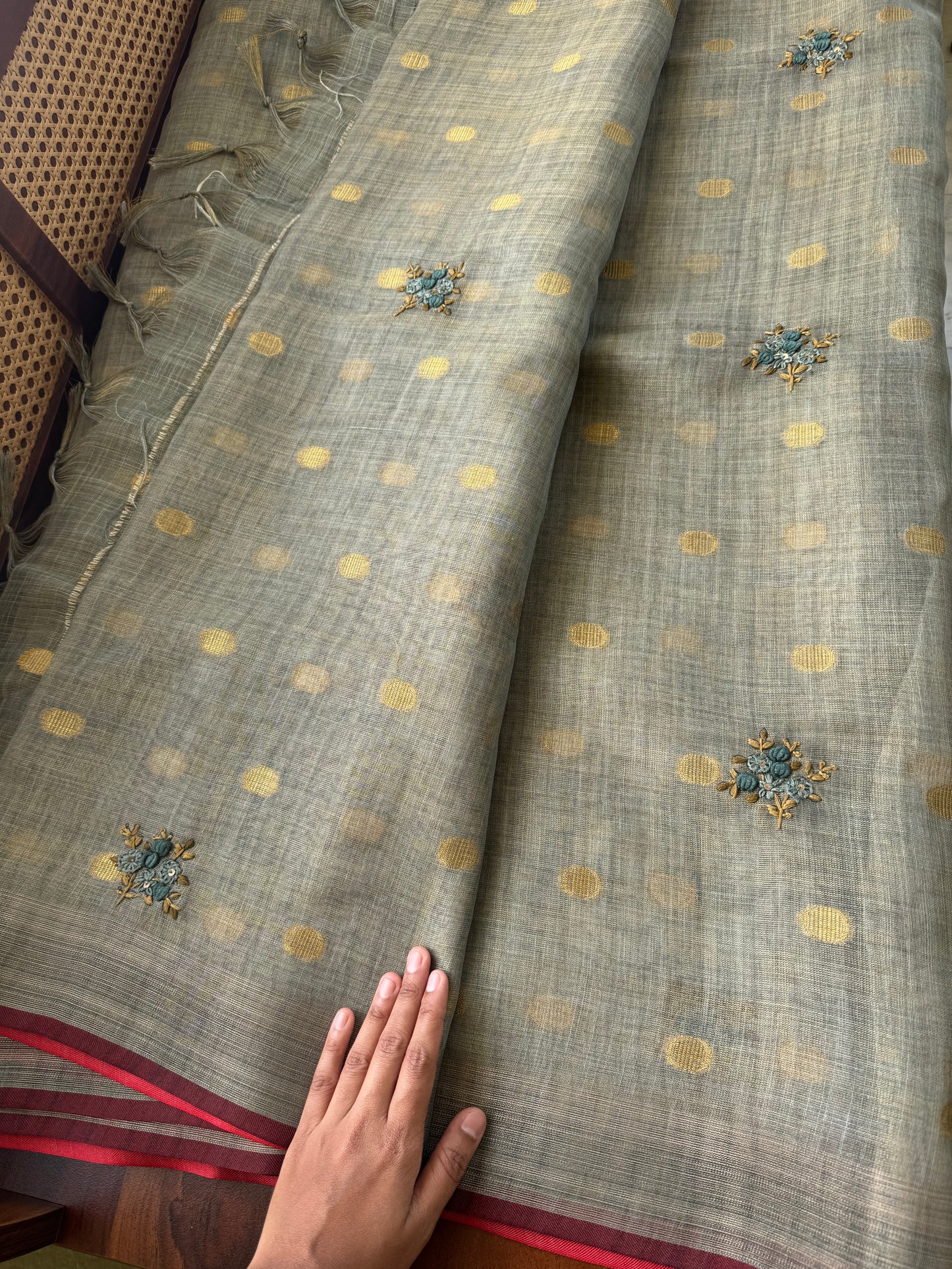 Premium Tissue Linen Sarees with heavy blouse - Blueish Grey