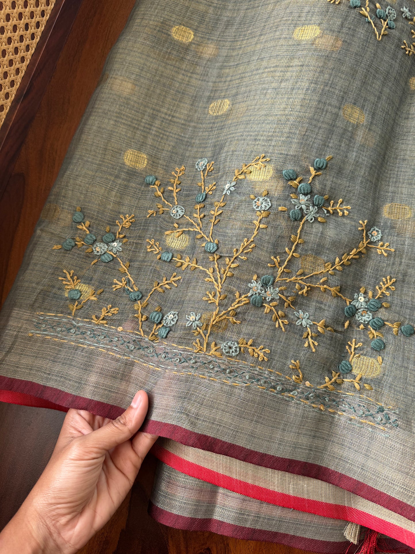 Premium Tissue Linen Sarees with heavy blouse - Blueish Grey