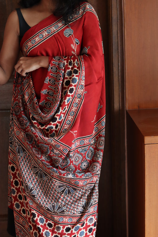 Ajrakh Modal Silk Saree - Rustic Red