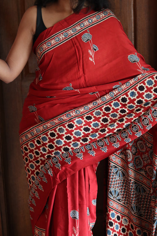 Ajrakh Modal Silk Saree - Rustic Red