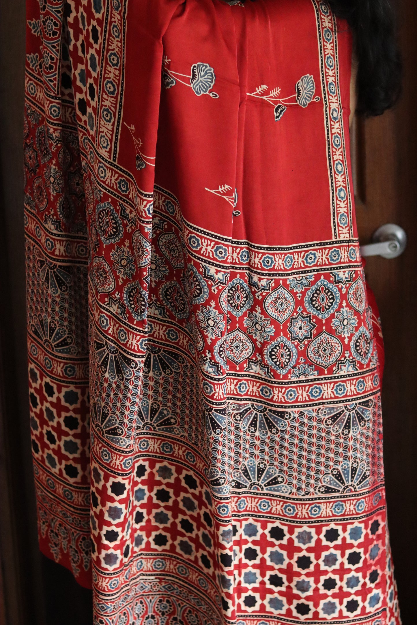 Ajrakh Modal Silk Saree - Rustic Red