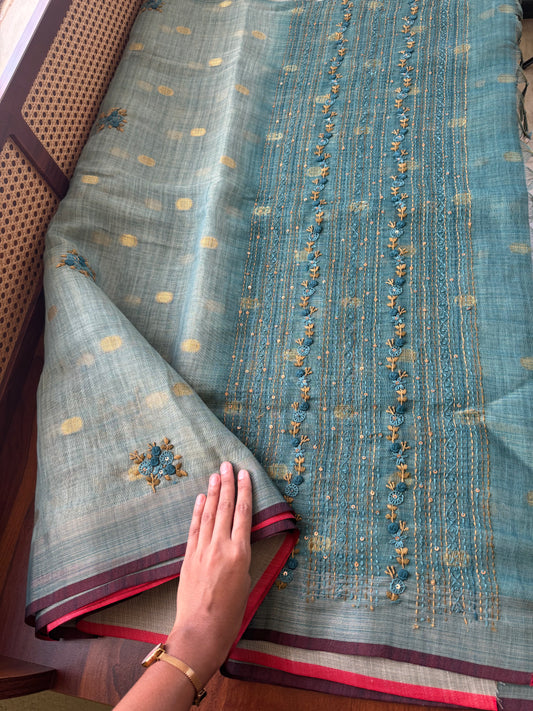 Premium Tissue Linen Sarees with heavy blouse - Blue