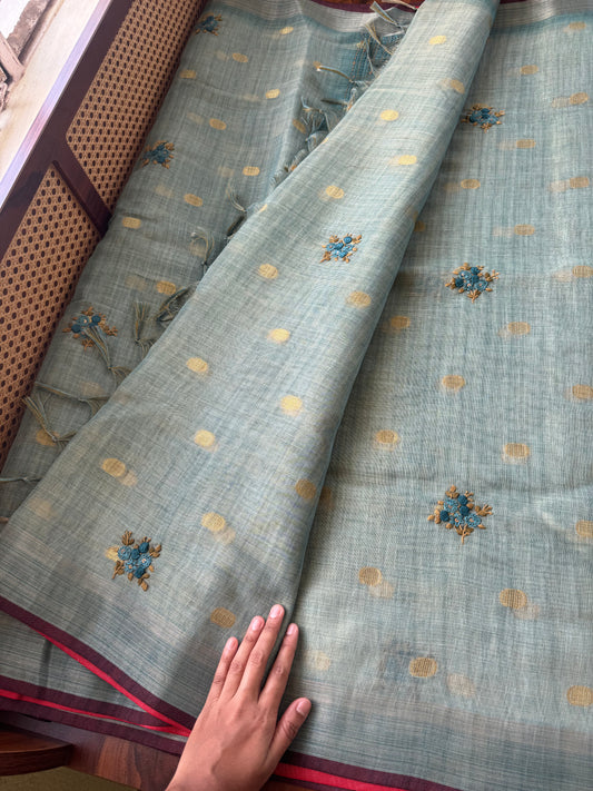 Premium Tissue Linen Sarees with heavy blouse - Blue