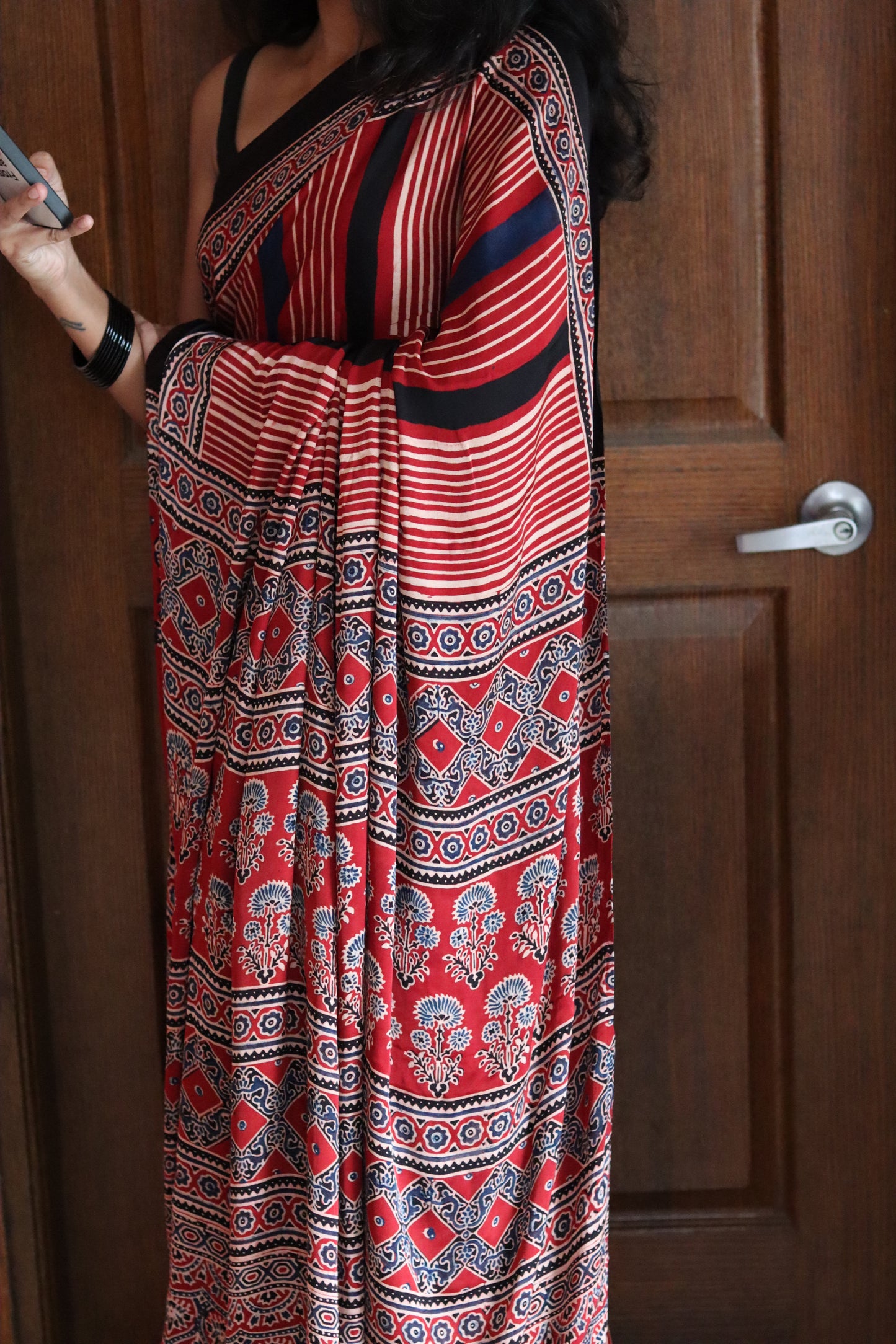 Ajrakh Modal Silk Saree - Red & Black