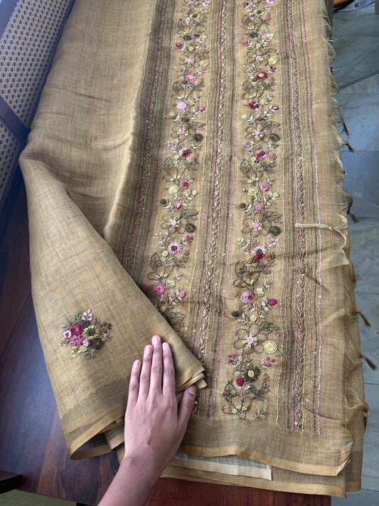 Premium Tissue Linen Sarees with heavy blouse - Henna Green