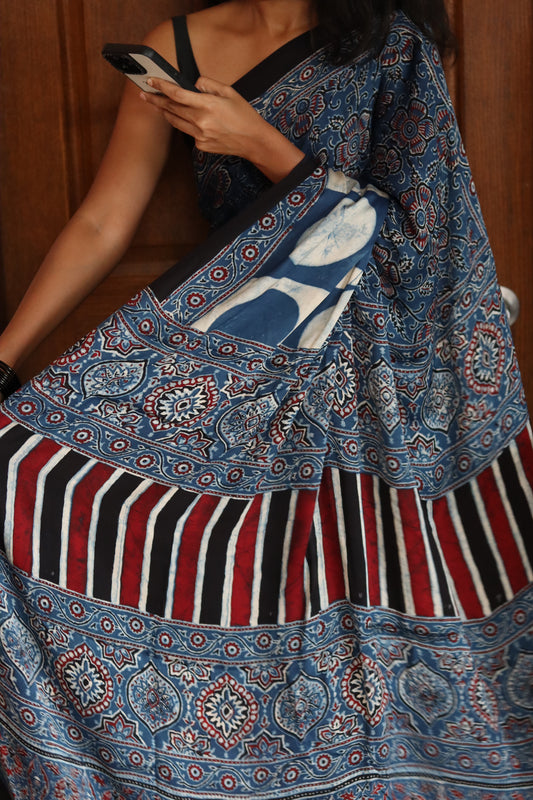 Ajrakh Modal Silk Saree - Blue