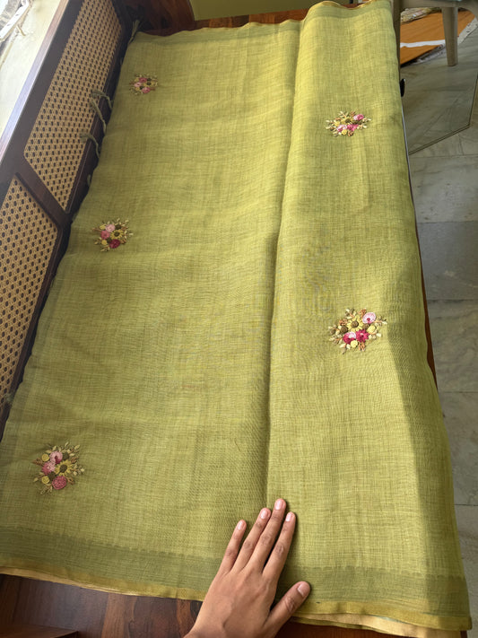 Premium Tissue Linen Sarees with heavy blouse - Green