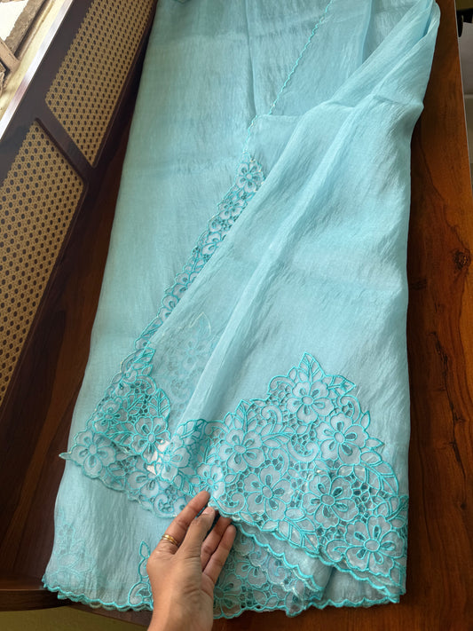 Cutwork Tissue Organza Saree - Blue