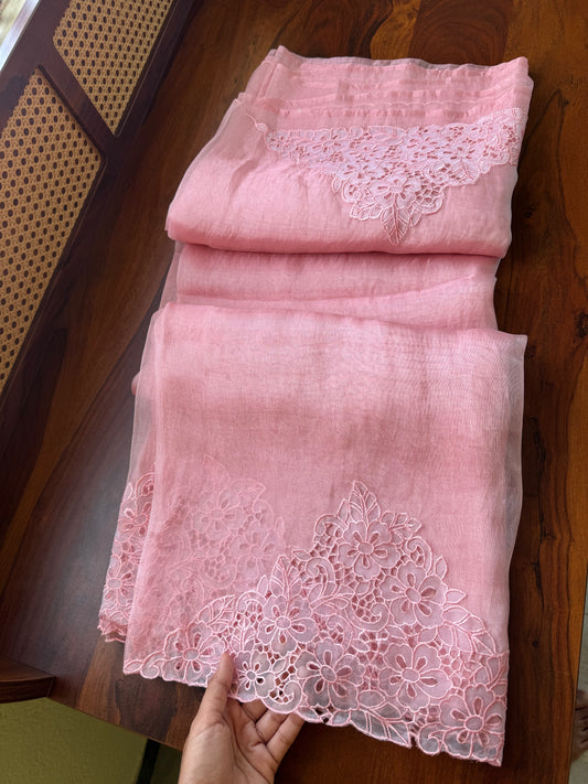 Cutwork Tissue Organza Saree - Pink