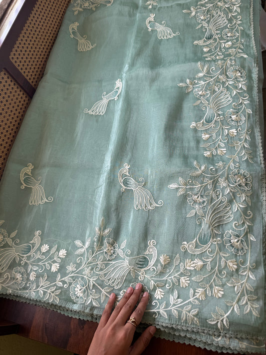 Delicate Tissue Organza Saree - Pastel Green