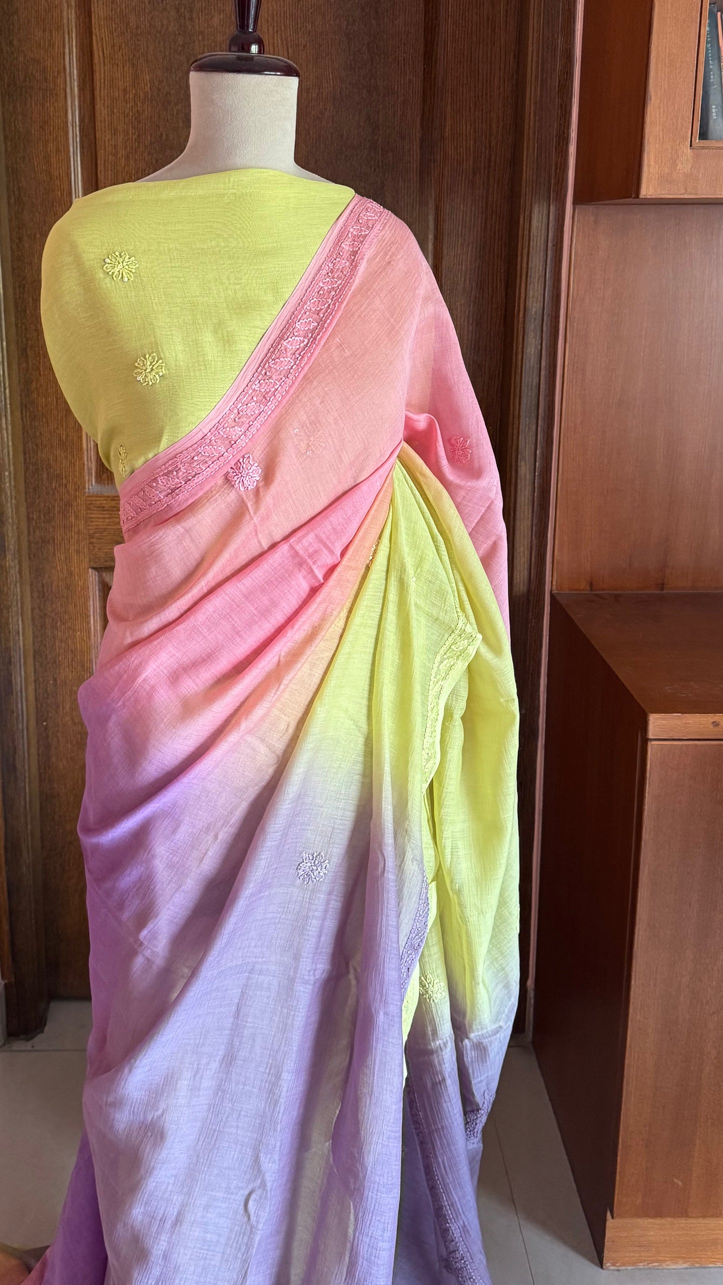 Pure Mul Chanderi Chikankari Saree - Pink,Violet,Green,Grey