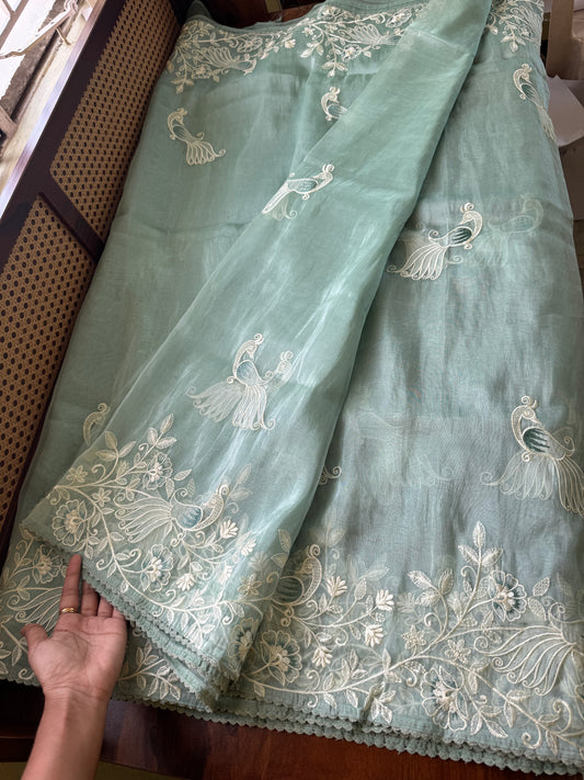 Delicate Tissue Organza Saree - Pastel Green