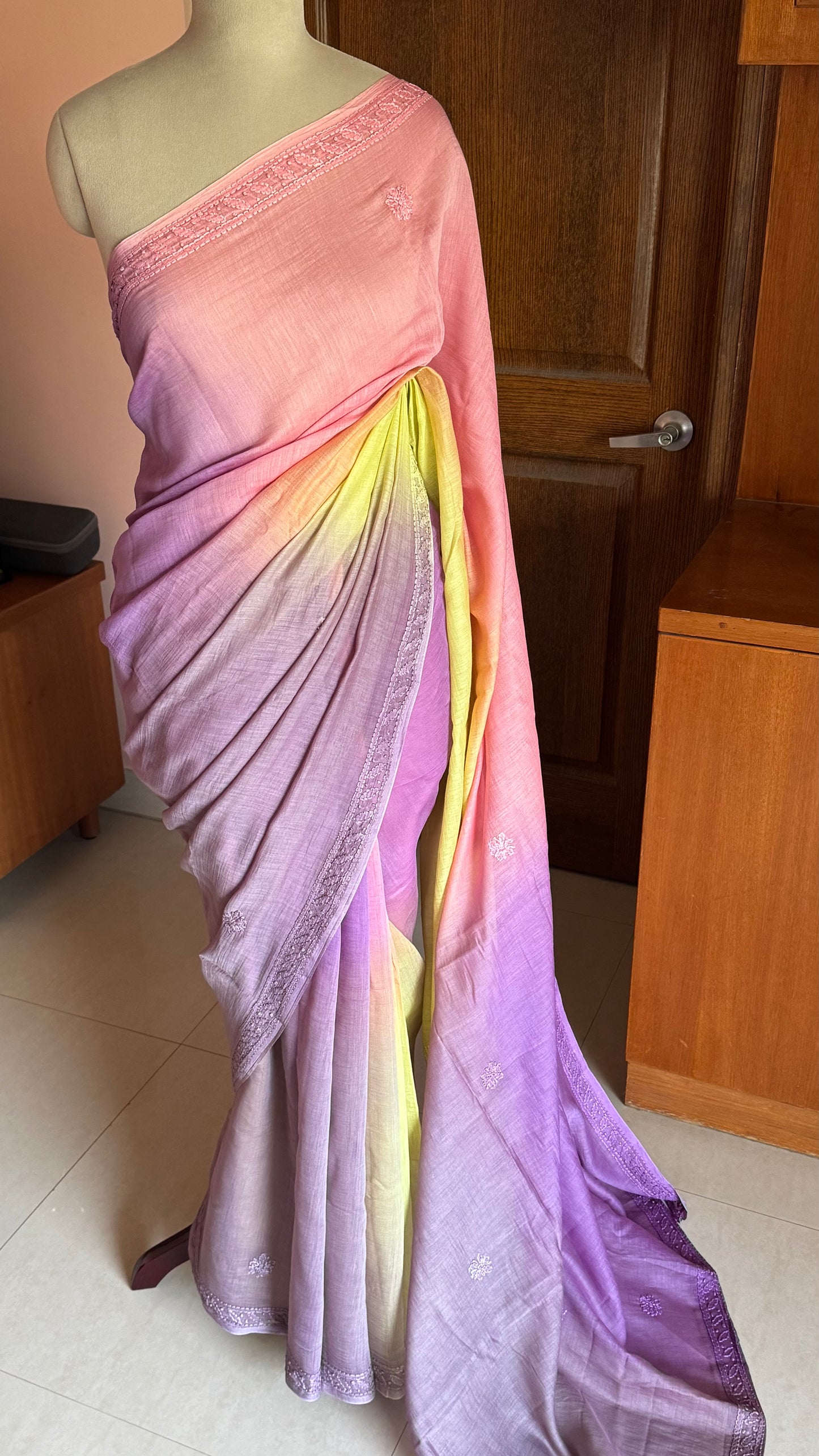 Pure Mul Chanderi Chikankari Saree - Pink,Violet,Green,Grey