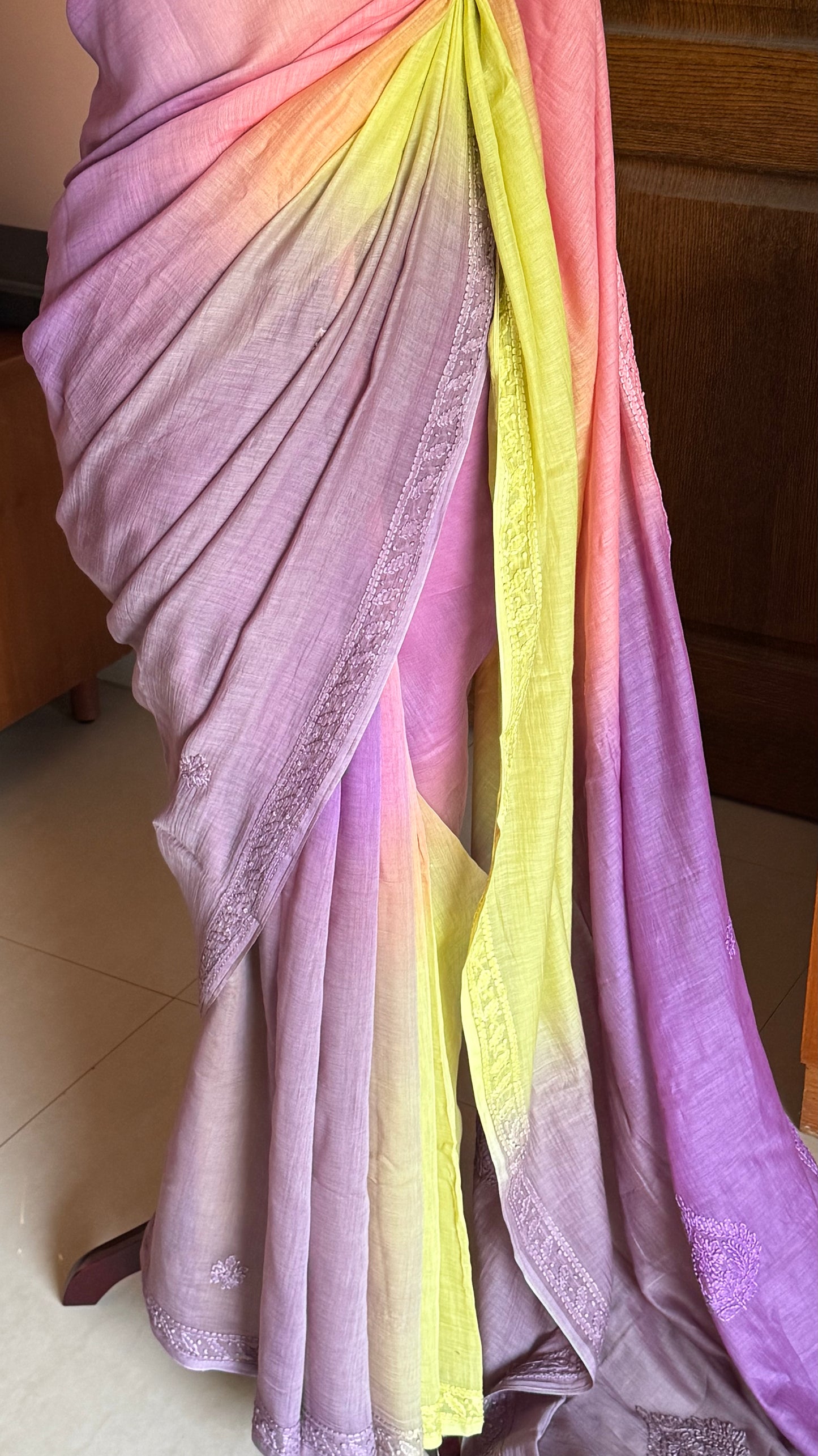 Pure Mul Chanderi Chikankari Saree - Pink,Violet,Green,Grey