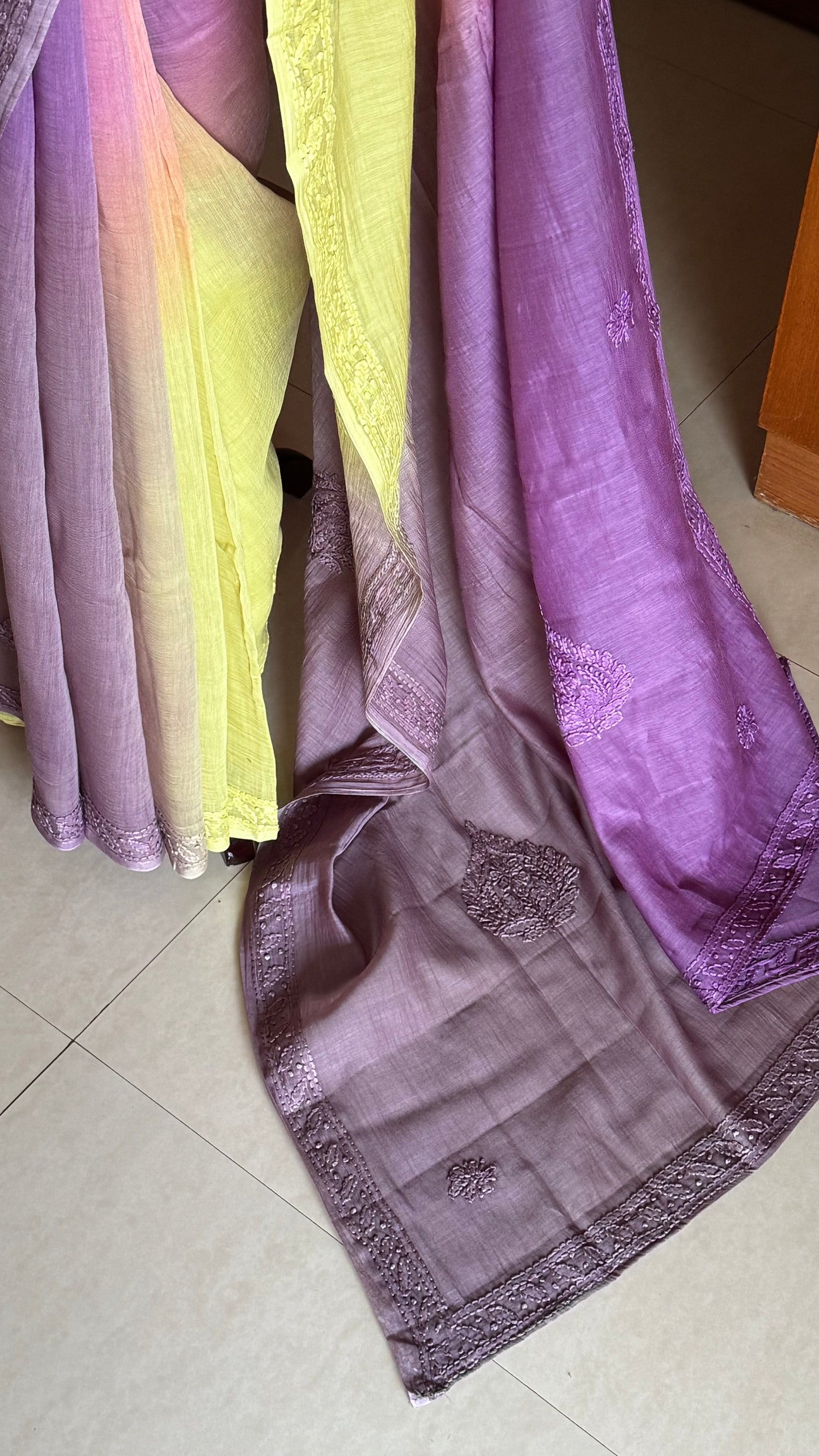 Pure Mul Chanderi Chikankari Saree - Pink,Violet,Green,Grey