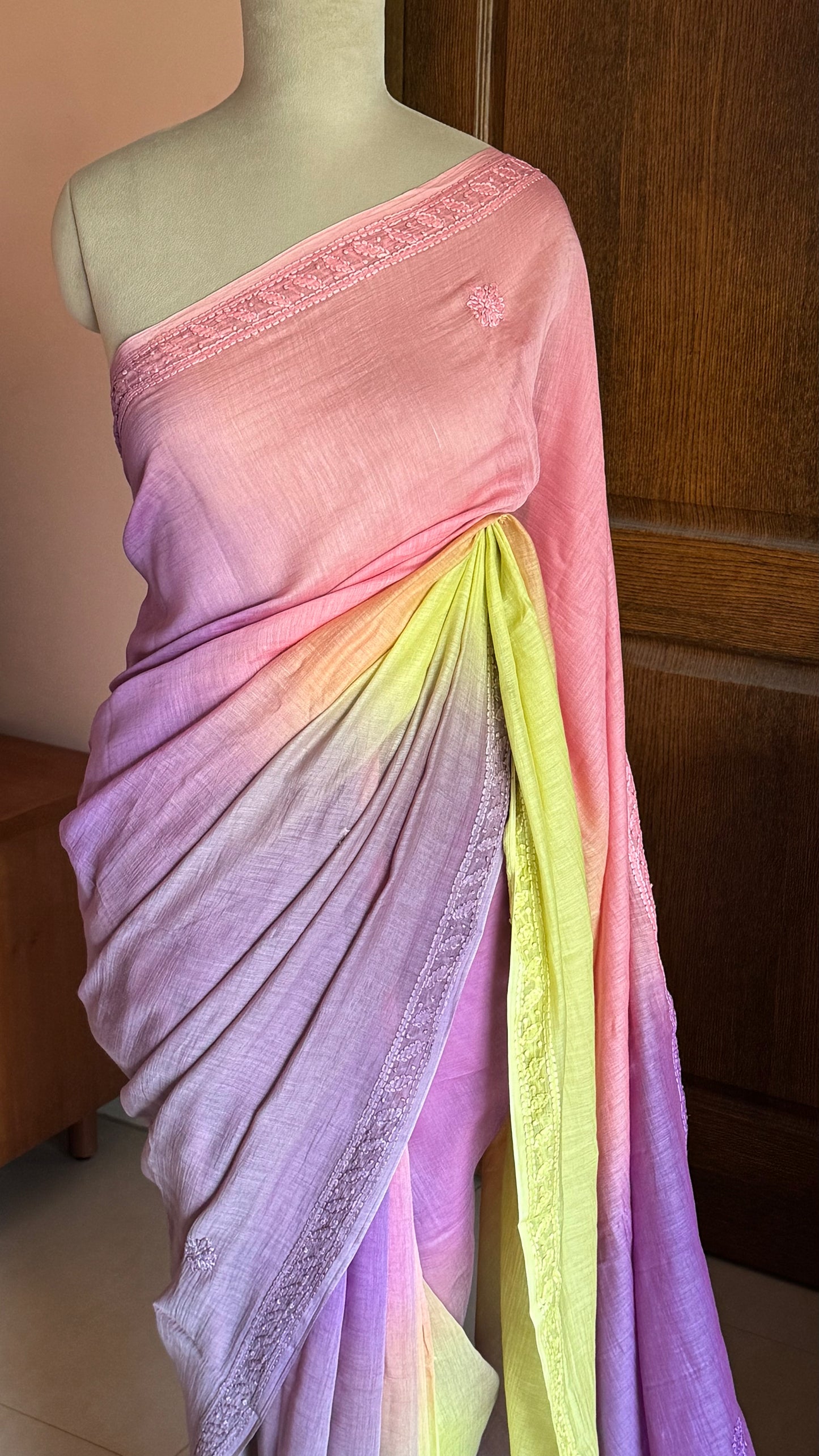 Pure Mul Chanderi Chikankari Saree - Pink,Violet,Green,Grey
