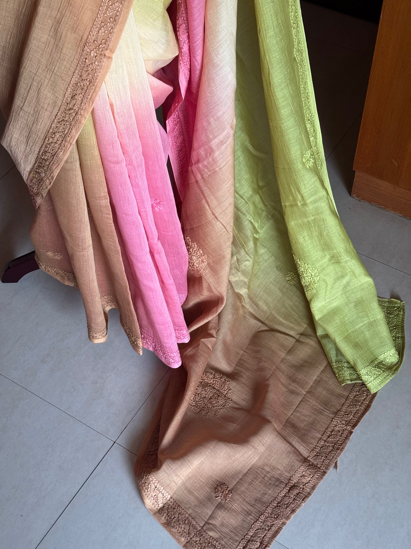 Pure Mul Chanderi Chikankari Saree - Green,Pink,Beige,Brown