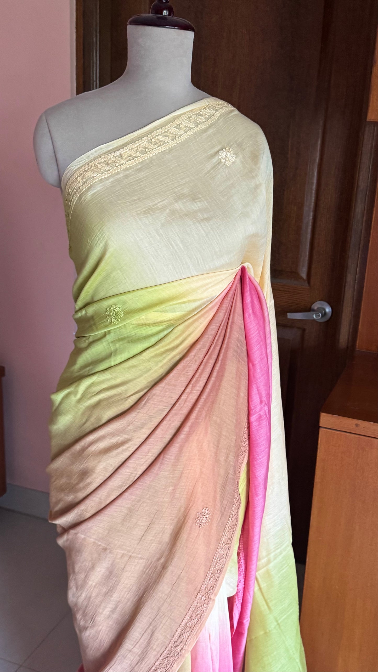 Pure Mul Chanderi Chikankari Saree - Green,Pink,Beige,Brown