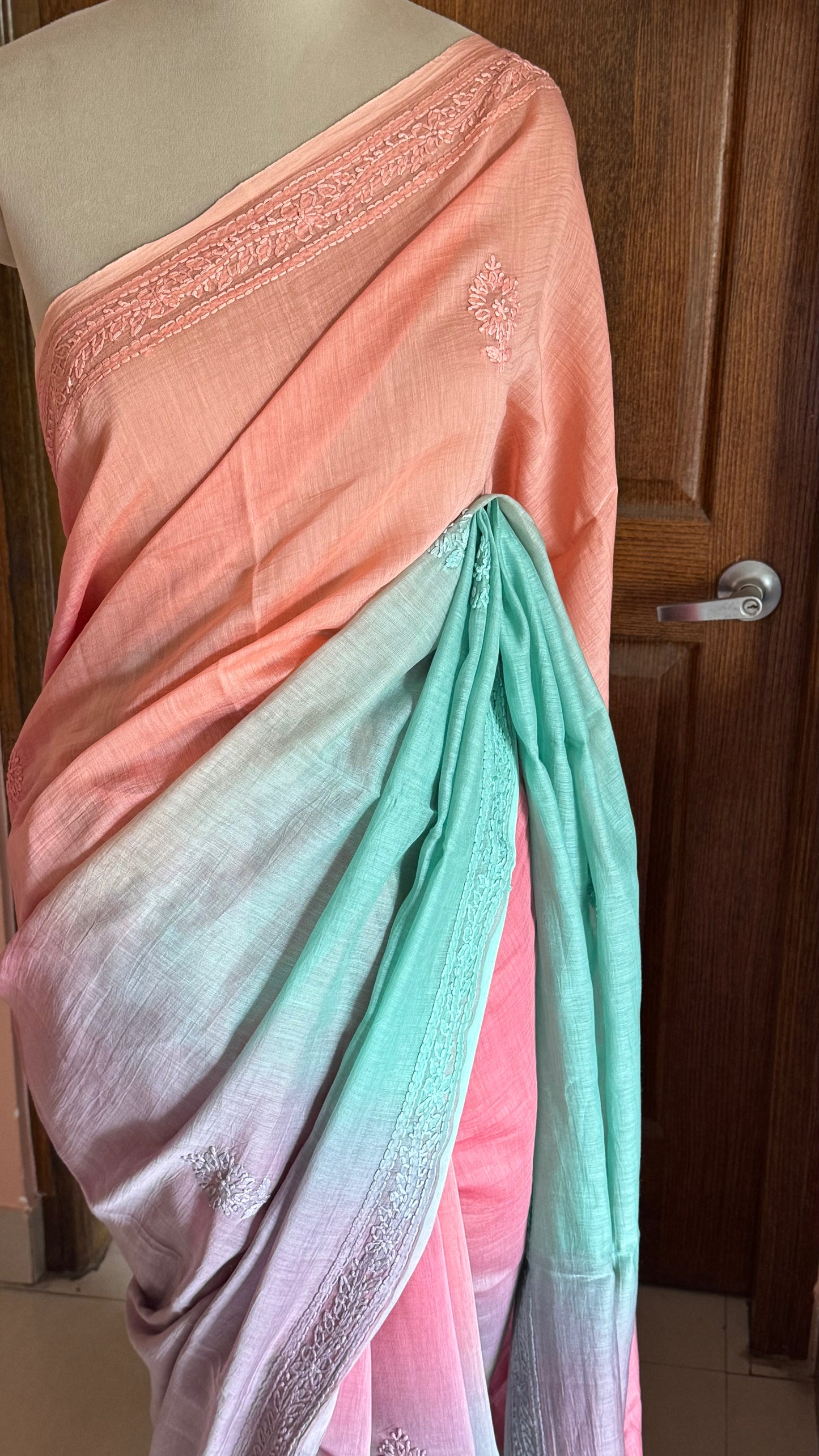 Pure Mul Chanderi Chikankari Saree - Peach,Pink,Blue,Lavender