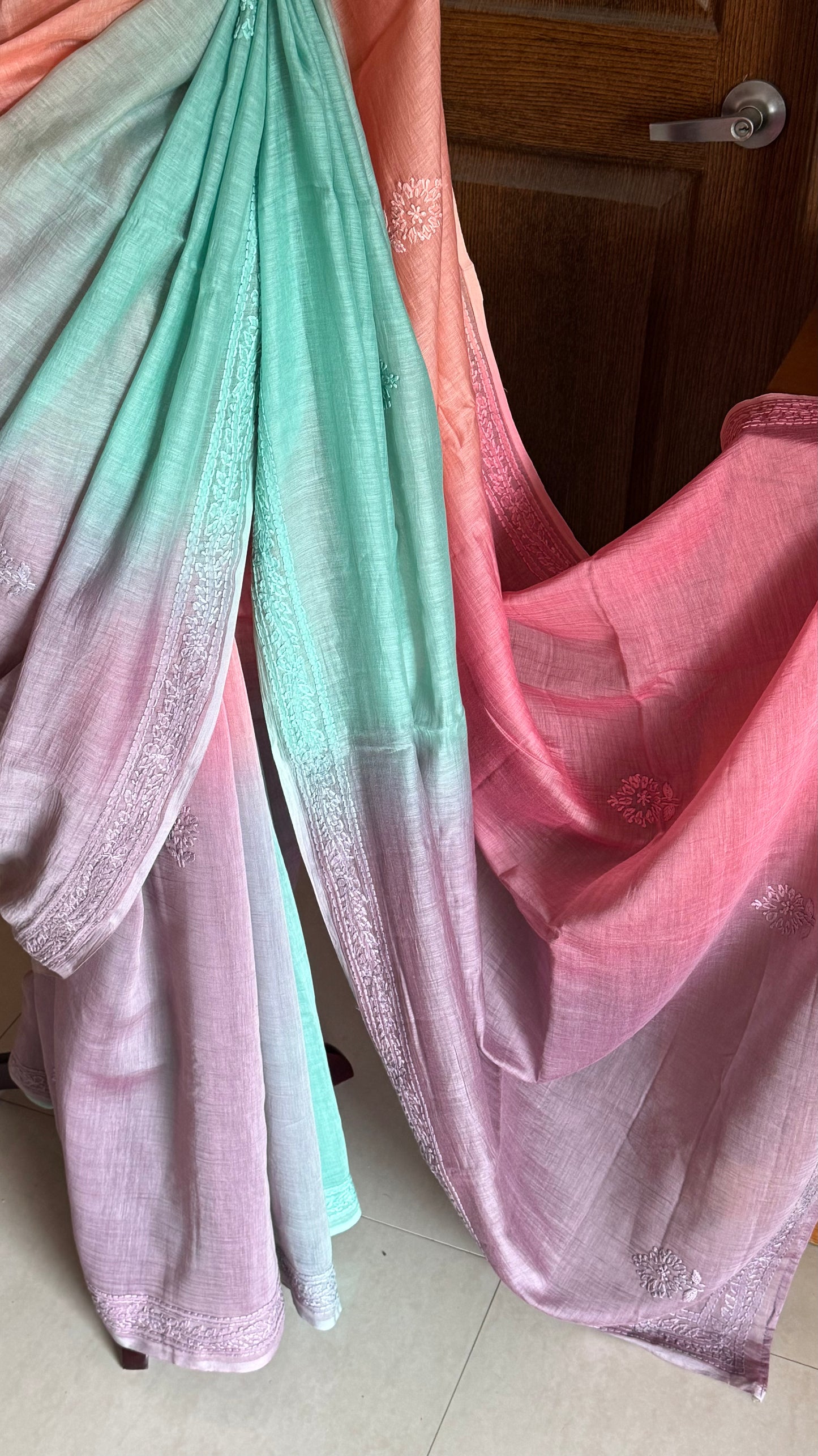 Pure Mul Chanderi Chikankari Saree - Peach,Pink,Blue,Lavender