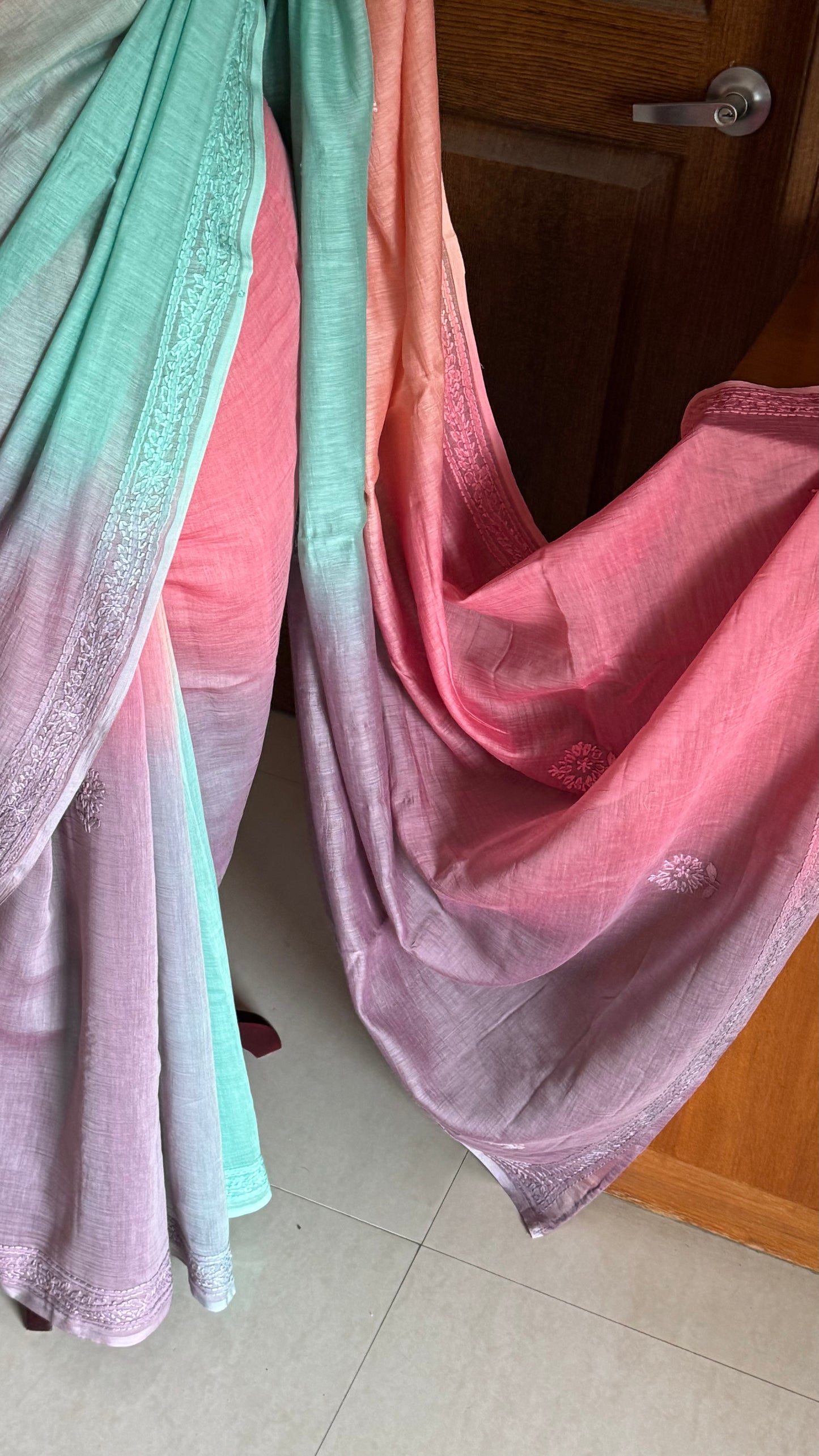 Pure Mul Chanderi Chikankari Saree - Peach,Pink,Blue,Lavender