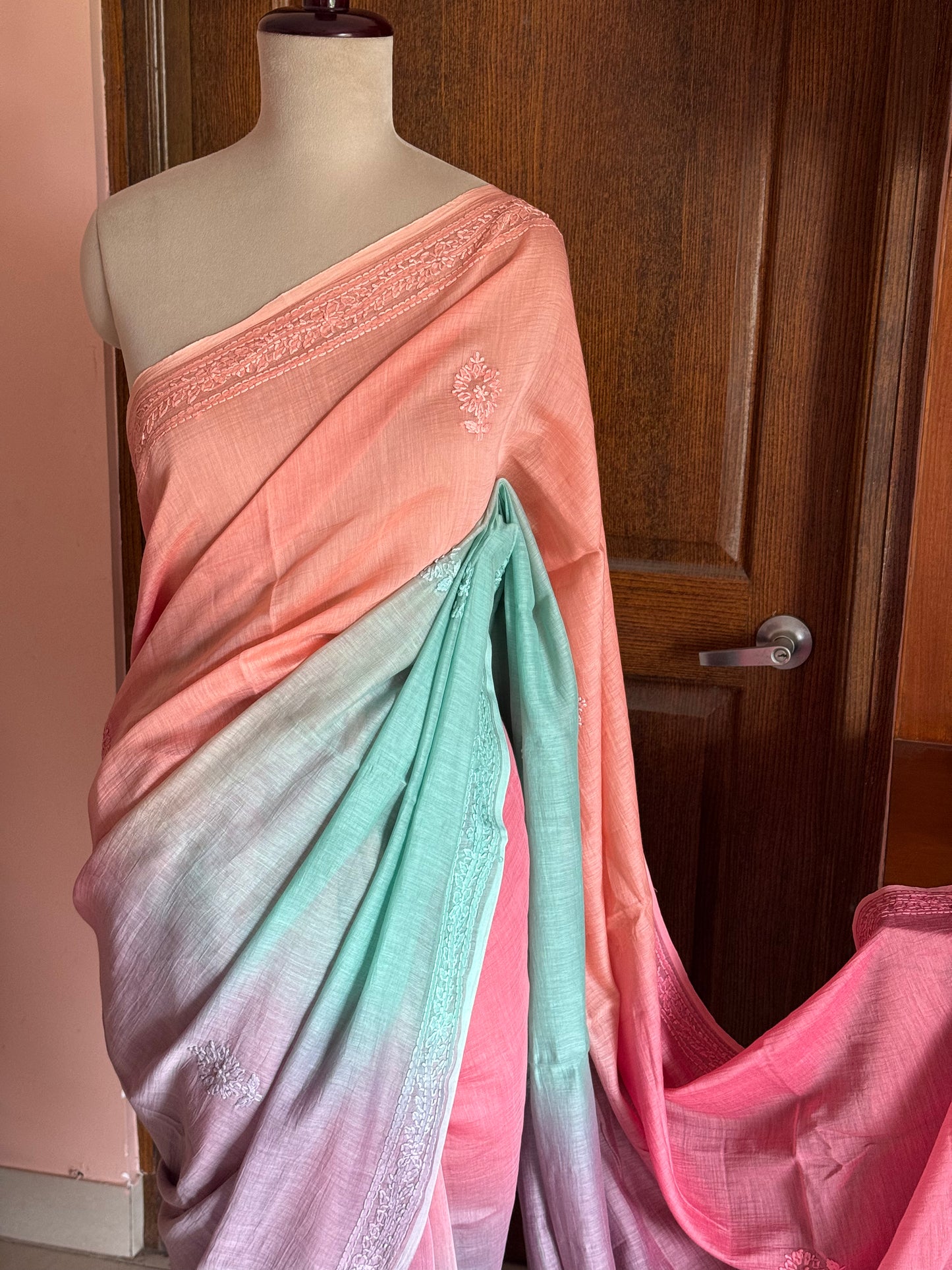 Pure Mul Chanderi Chikankari Saree - Peach,Pink,Blue,Lavender
