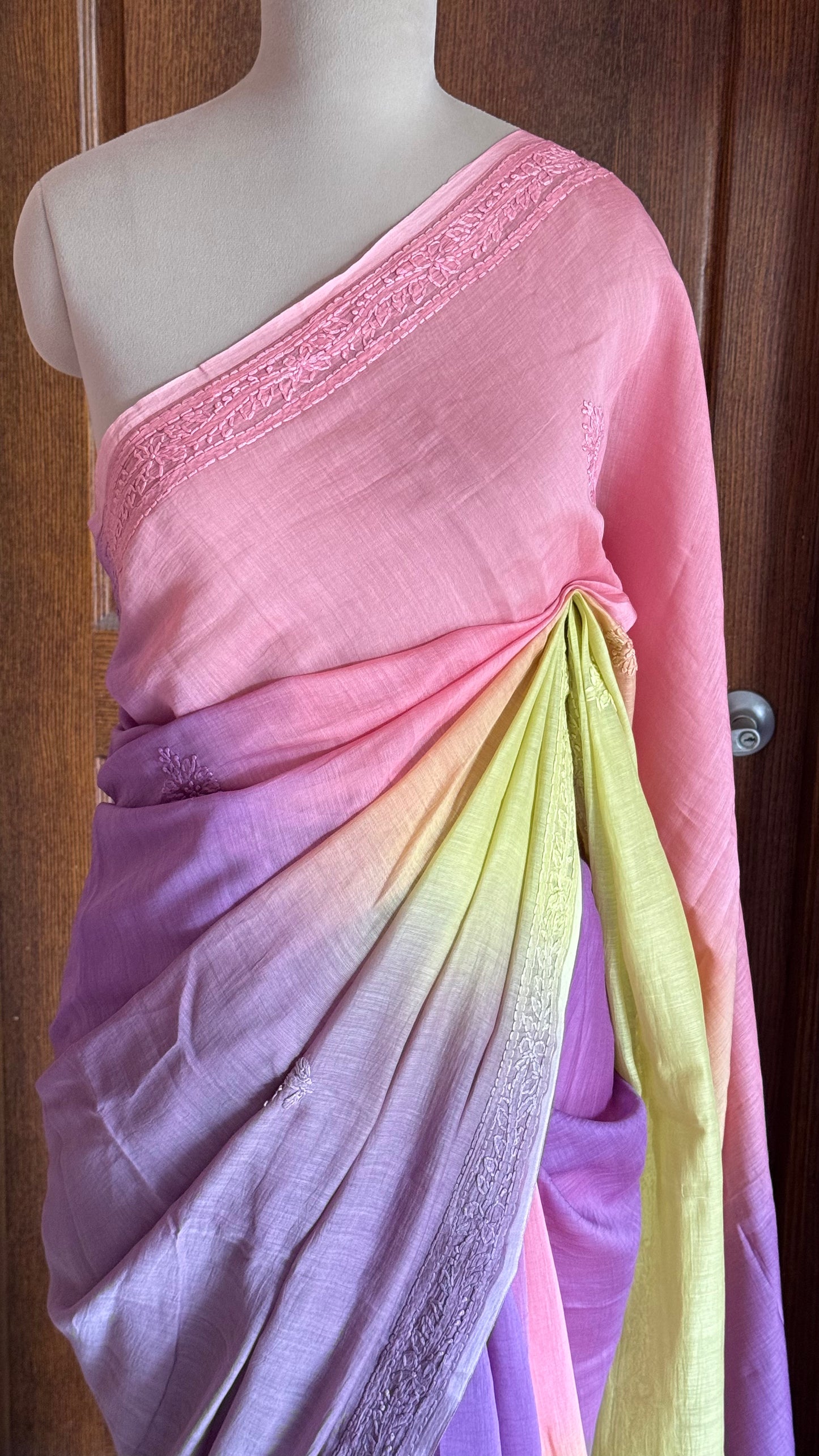 Pure Mul Chanderi Chikankari Saree - Pink,Lavender,Green,Grey