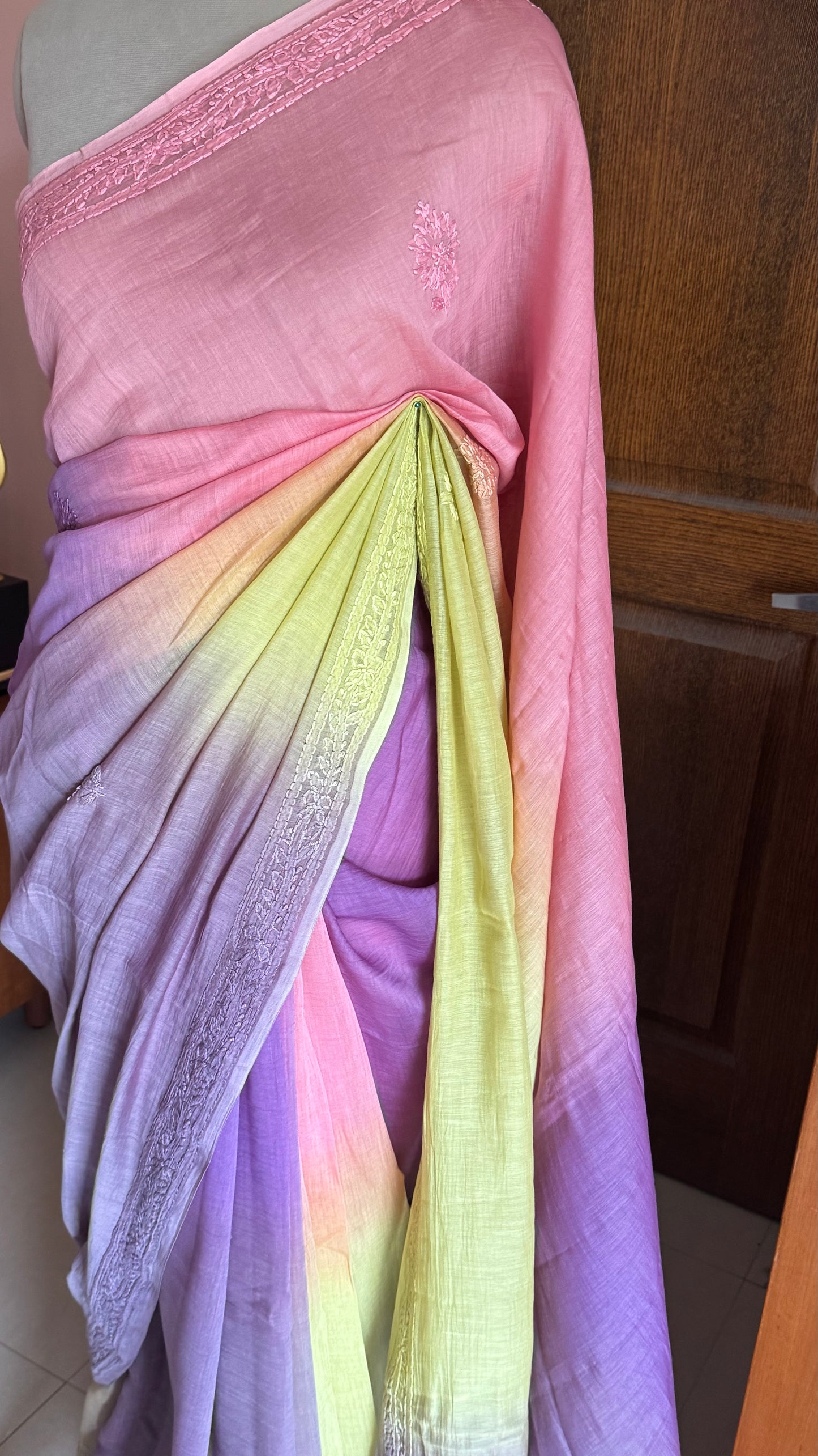 Pure Mul Chanderi Chikankari Saree - Pink,Lavender,Green,Grey